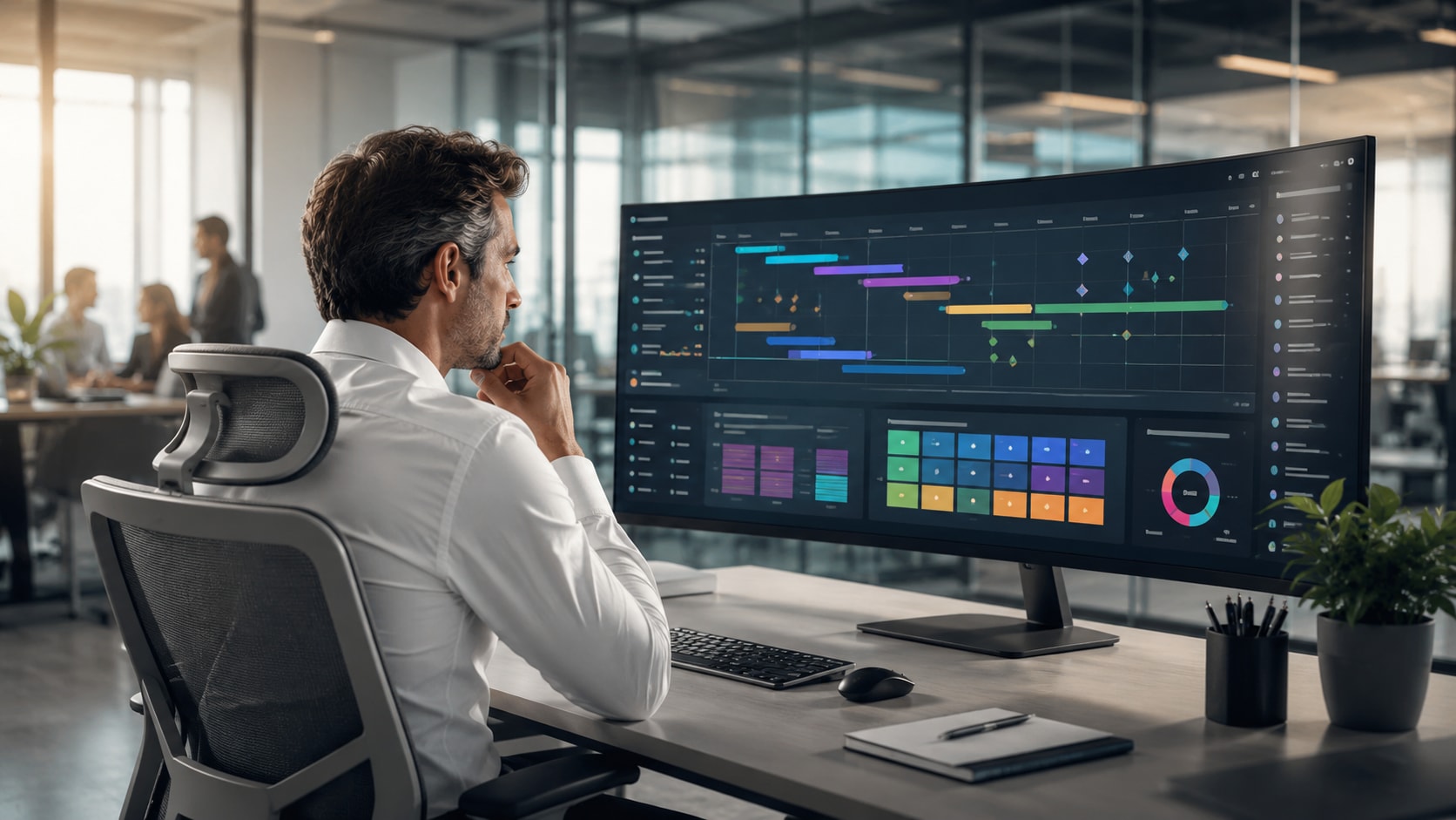 Must visibly show: A financial manager reviewing abstract data on a large monitor. Local anchors: flujos de validación internos, equipos comerciales, administrador financiero. Style family: operational workspace. Visual brief: A focused financial administrator in a modern, glass walled corporate office, reviewing abstract colorful project management timelines and inventory blocks on a large curved monitor. The professional wears a crisp white shirt, sitting in an ergonomic chair. Soft afternoon sunlight filters through the glass walls, creating a bright, airy, and highly organized atmosphere. Shot on a Leica SL2 with a 50mm f/1.4 lens, capturing the clean, complex operational environment of a large enterprise. Corporate lifestyle photography. Inline body image text firewall: visual content only. Do not render readable words anywhere. No article title, headline, subtitle, cover line, typography lockup, title card, poster text, labels, badges, UI copy, logo, brand name, or wordmark. If an interface, document, workflow, chart, or screen is needed, show abstract unreadable marks, shapes, icons, lines, and color blocks instead of words. Avoid repeating: solitary freelancers, messy desks, readable software interfaces.