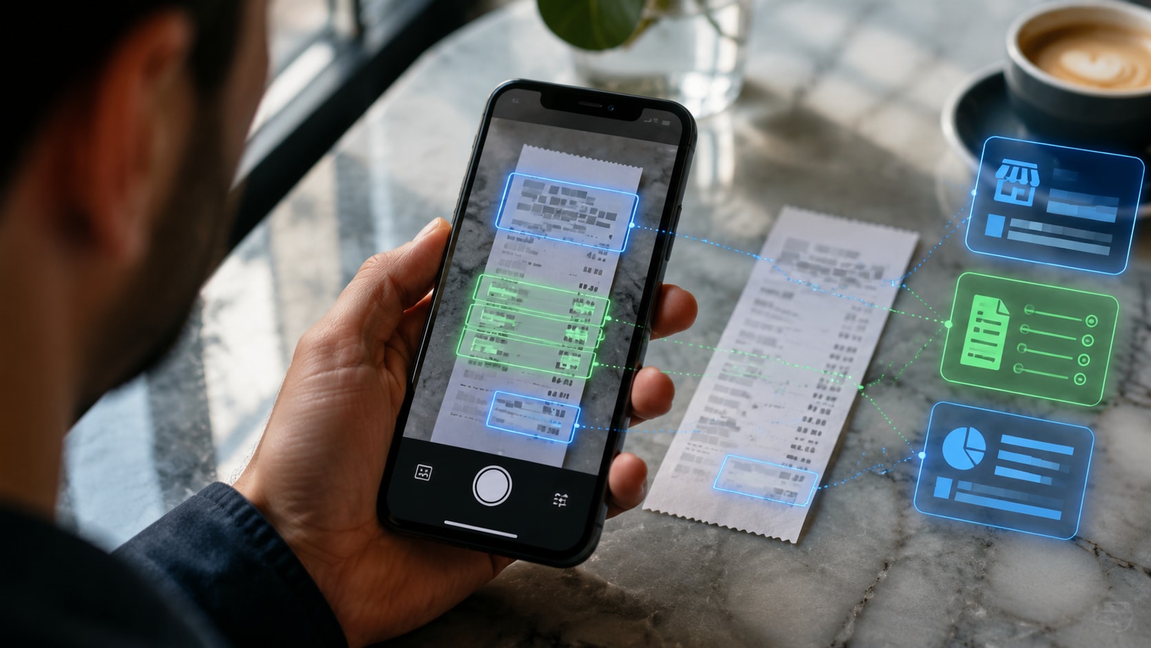 Must visibly show: A smartphone camera scanning a restaurant receipt with glowing abstract bounding boxes. Local anchors: visión artificial, enfoque profundo en la normativa fiscal, interpreta el contexto. Style family: product-in-use editorial. Visual brief: A close up over the shoulder shot of a person holding a smartphone over a crisp restaurant receipt on a marble cafe table. The phone screen displays the camera view of the receipt, overlaid with abstract glowing blue and green bounding boxes isolating the tax amounts and vendor details. Natural daylight streams through a nearby window, creating soft reflections on the phone screen. Shot on a Fujifilm GFX 100S with a 63mm f/2.8 lens, crisp focus on the device. Tech editorial photography. Inline body image text firewall: visual content only. Do not render readable words anywhere. No article title, headline, subtitle, cover line, typography lockup, title card, poster text, labels, badges, UI copy, logo, brand name, or wordmark. If an interface, document, workflow, chart, or screen is needed, show abstract unreadable marks, shapes, icons, lines, and color blocks instead of words. Avoid repeating: abstract non-readable marks on the receipt, generic stock photo hands, messy backgrounds.