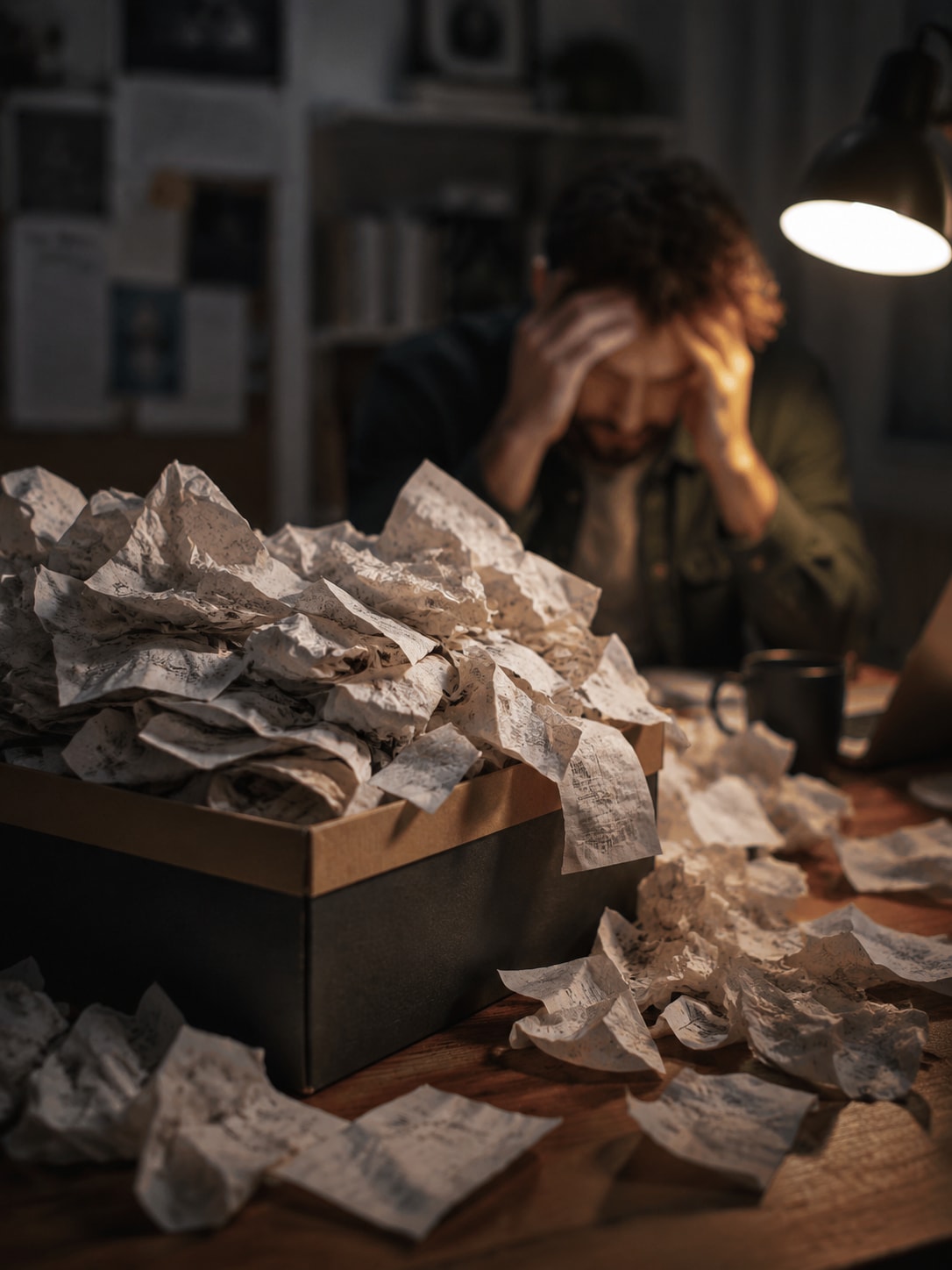 Must visibly show: An overflowing shoebox full of crumpled receipts. Local anchors: cajas de zapatos, acumulando papel, fines de semana perdidos. Style family: documentary-moment. Visual brief: A cluttered wooden desk covered with an overflowing cardboard shoebox stuffed with crumpled, faded paper receipts. A frustrated freelance designer in his 30s sits in the background, out of focus, rubbing his temples in exhaustion under the warm glow of a desk lamp. The foreground sharply focuses on the chaotic pile of thermal paper, emphasizing the stress of manual accounting. Shot on a Sony A7R IV with an 85mm f/1.4 lens, moody chiaroscuro lighting. Documentary photography for a business lifestyle feature. Inline body image text firewall: visual content only. Do not render readable words anywhere. No article title, headline, subtitle, cover line, typography lockup, title card, poster text, labels, badges, UI copy, logo, brand name, or wordmark. If an interface, document, workflow, chart, or screen is needed, show abstract unreadable marks, shapes, icons, lines, and color blocks instead of words. Avoid repeating: neatly stacked papers, smiling accountants, clean modern desks.