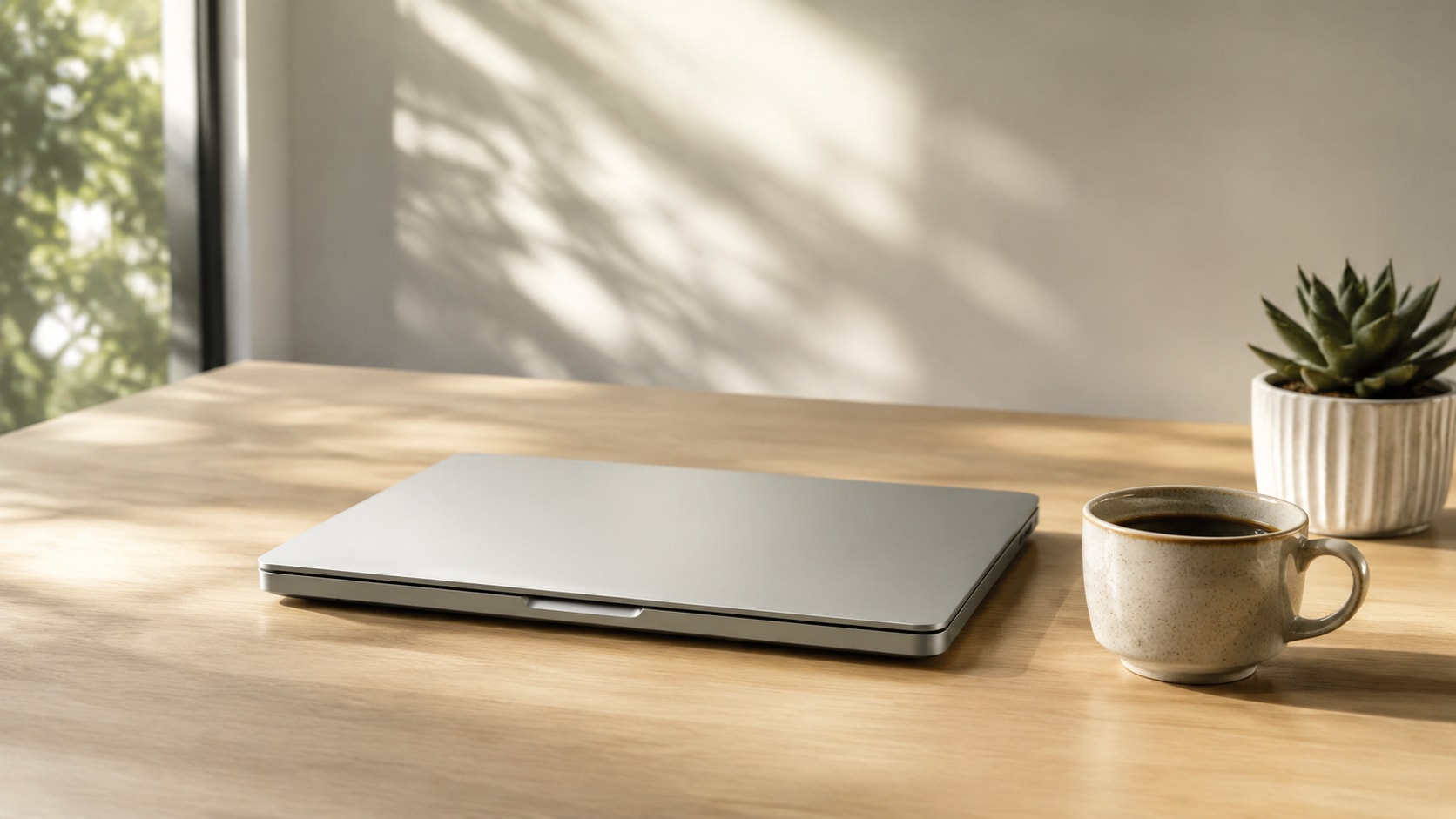 Must visibly show: A clean, empty desk with only a modern laptop and a cup of coffee. Local anchors: automatización pura, supresión definitiva, inteligencia artificial. Style family: premium-minimal-cover. Visual brief: A pristine, minimalist workspace symbolizing total administrative freedom. A sleek silver laptop rests closed on a smooth, light oak desk, accompanied only by a ceramic cup of black coffee and a small potted succulent. There is absolutely no paper, no receipts, and no clutter in sight. Soft, warm morning light streams through a nearby window, casting gentle, inviting shadows across the clean wood grain. Shot on a Leica SL2 with a 35mm f/2 lens. Aspirational lifestyle photography for a business magazine. Inline body image text firewall: visual content only. Do not render readable words anywhere. No article title, headline, subtitle, cover line, typography lockup, title card, poster text, labels, badges, UI copy, logo, brand name, or wordmark. If an interface, document, workflow, chart, or screen is needed, show abstract unreadable marks, shapes, icons, lines, and color blocks instead of words. Avoid repeating: paper receipts, calculators, stressed workers.