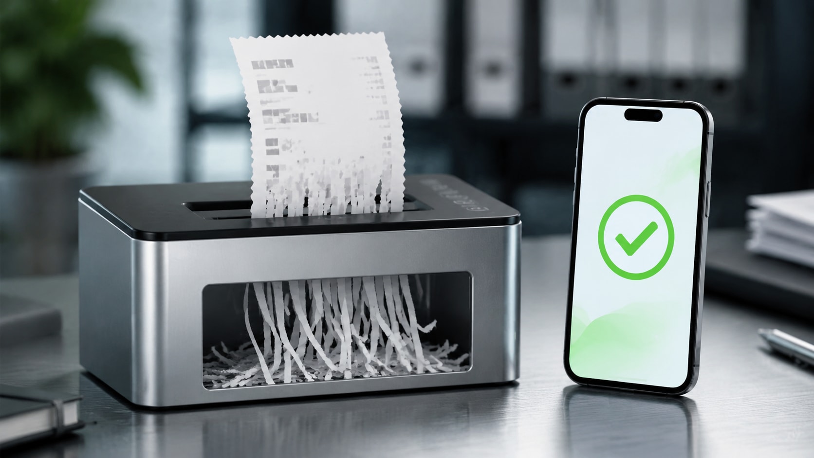 Must visibly show: A paper receipt being shredded next to a smartphone. Local anchors: homologación de la Agencia Tributaria, destruir el papel físico, visión artificial. Style family: conceptual-still-life. Visual brief: A conceptual still life showing a physical paper receipt halfway through a sleek modern paper shredder resting on a brushed aluminum desk. Beside the shredder, a modern smartphone displays a clean, abstract green checkmark on its screen, symbolizing digital validation. Soft, diffused overhead lighting highlights the texture of the torn paper and the metallic finish of the shredder. Shot on a Canon EOS R5 with a 50mm f/1.2 lens, shallow depth of field, cool corporate tones. Editorial photography for a finance blog. Inline body image text firewall: visual content only. Do not render readable words anywhere. No article title, headline, subtitle, cover line, typography lockup, title card, poster text, labels, badges, UI copy, logo, brand name, or wordmark. If an interface, document, workflow, chart, or screen is needed, show abstract unreadable marks, shapes, icons, lines, and color blocks instead of words. Avoid repeating: generic office workers, floating holograms, abstract non-readable marks on the phone screen.