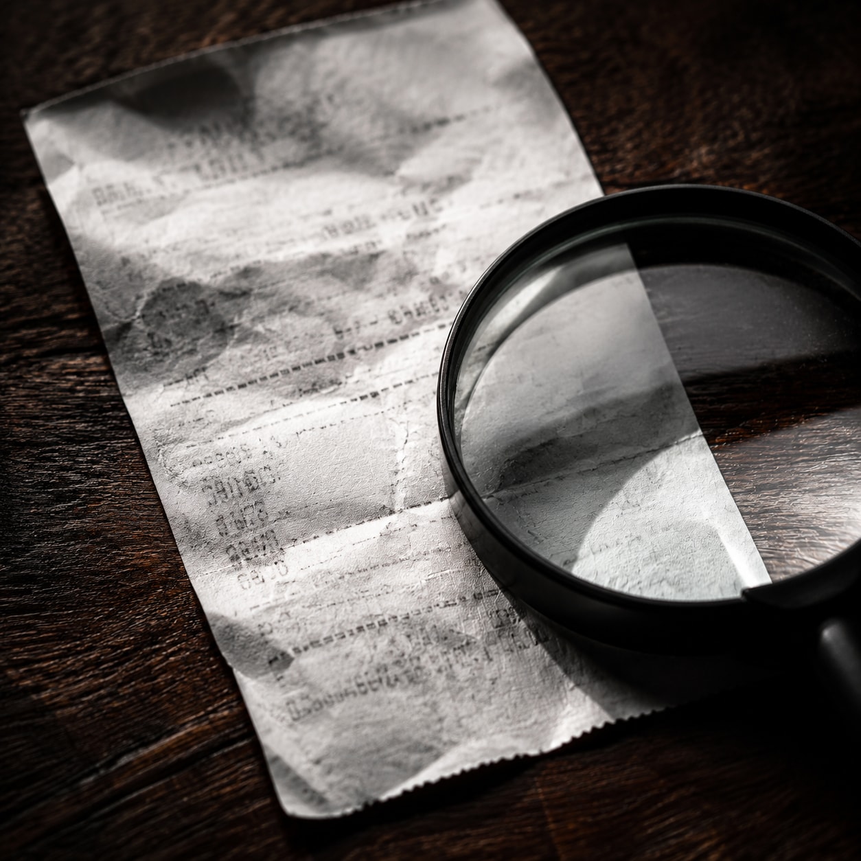 Must visibly show: A faded, unreadable photocopy of a receipt. Local anchors: vulnerabilidades legales, carecer de validez jurídica, meras fotocopiadoras. Style family: material macro. Visual brief: An extreme macro photograph of a poorly printed, faded thermal paper receipt resting on a dark wooden desk. The ink is smudged and barely visible, highlighting the unreliability of generic scanning methods. A magnifying glass rests partially over the paper, distorting the blank white space. Harsh, dramatic spotlighting from the side emphasizes the cheap, crinkled texture of the paper and the lack of clear data. Shot on a Nikon Z9 with a 105mm macro lens. Investigative editorial photography. Inline body image text firewall: visual content only. Do not render readable words anywhere. No article title, headline, subtitle, cover line, typography lockup, title card, poster text, labels, badges, UI copy, logo, brand name, or wordmark. If an interface, document, workflow, chart, or screen is needed, show abstract unreadable marks, shapes, icons, lines, and color blocks instead of words. Avoid repeating: police or legal imagery, smartphones, clean crisp documents.