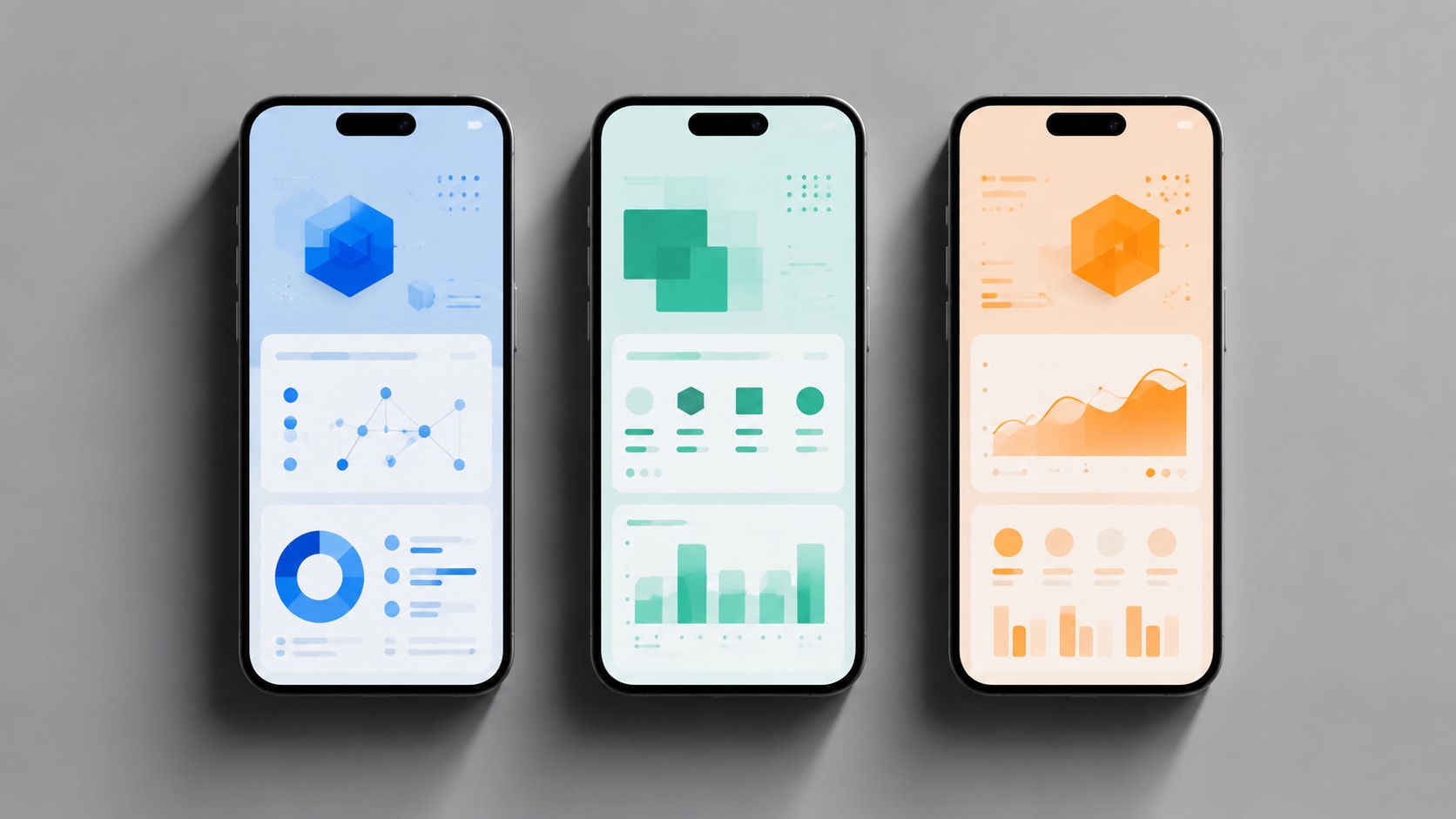Must visibly show: Abstract comparison of different smartphone interfaces. Local anchors: comparativa, especificaciones principales, tecnología subyacente. Style family: tasteful abstract motif. Visual brief: A sleek, abstract flat lay composition featuring three identical minimalist smartphones resting side by side on a smooth, matte grey surface. Each phone screen displays a different abstract geometric pattern in varying shades of blue, green, and orange, symbolizing a technical comparison of software platforms. Soft, diffused studio lighting casts long, elegant shadows from the devices, emphasizing their sleek hardware. Shot on a Hasselblad X1D II with a 45mm f/3.5 lens, top down perspective. Minimalist technology editorial photography. Inline body image text firewall: visual content only. Do not render readable words anywhere. No article title, headline, subtitle, cover line, typography lockup, title card, poster text, labels, badges, UI copy, logo, brand name, or wordmark. If an interface, document, workflow, chart, or screen is needed, show abstract unreadable marks, shapes, icons, lines, and color blocks instead of words. Avoid repeating: literal spreadsheets, readable comparison charts, people pointing at screens.