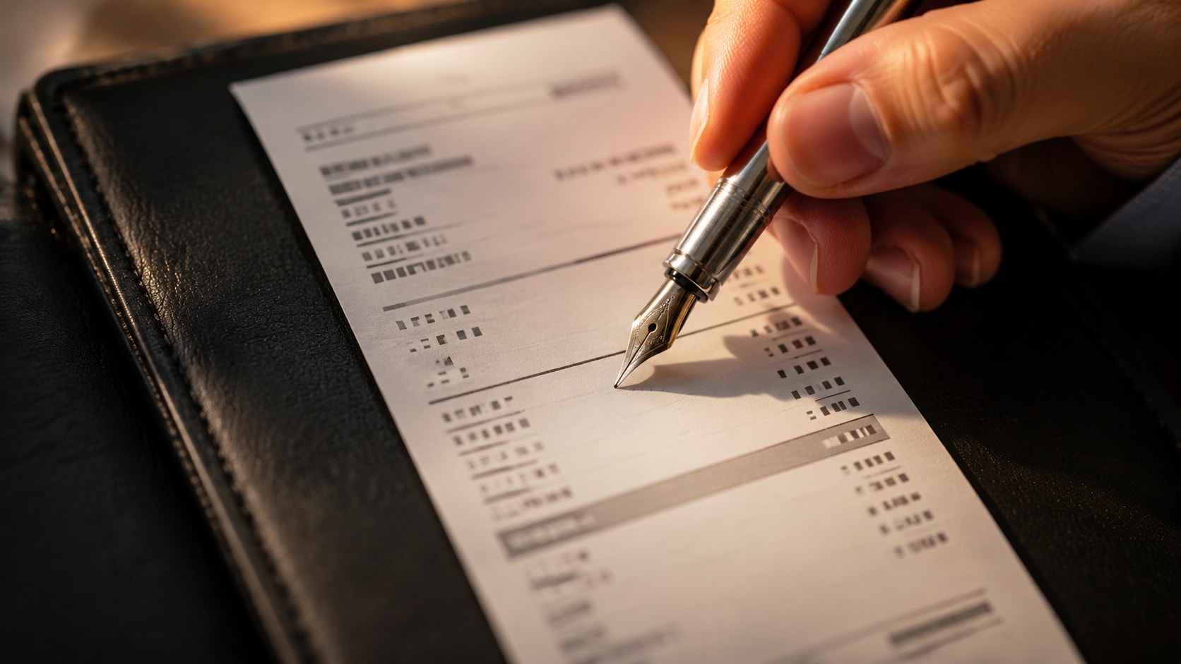 Must visibly show: A close up of a person pointing a pen at a specific line on a receipt. Local anchors: factura simplificada, identificación del vendedor, cuota de IVA. Style family: annotated object study. Visual brief: An intimate close up shot of a professional's hand holding a sleek silver fountain pen, pointing precisely at a specific abstract line item on a crisp white business receipt. The receipt rests on a clean, dark leather portfolio. The lighting is warm and focused, creating a spotlight effect on the tip of the pen and the paper, symbolizing the careful review of tax details. Shot on a Sony A7R IV with a 90mm macro lens, shallow depth of field. Financial editorial photography. Inline body image text firewall: visual content only. Do not render readable words anywhere. No article title, headline, subtitle, cover line, typography lockup, title card, poster text, labels, badges, UI copy, logo, brand name, or wordmark. If an interface, document, workflow, chart, or screen is needed, show abstract unreadable marks, shapes, icons, lines, and color blocks instead of words. Avoid repeating: readable tax numbers, calculators, messy desks.