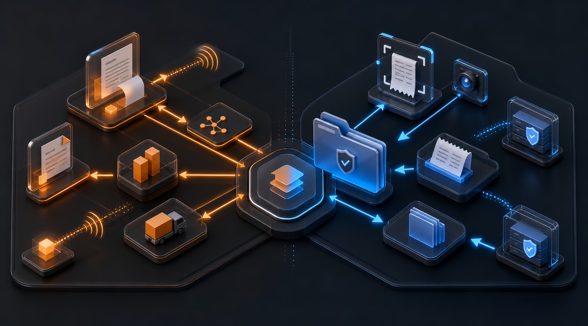Must visibly show: two opposing directional flows of glowing arrows. Local anchors: flujos contables opuestos, facturación saliente, facturación entrante. Style family: tasteful abstract motif. Visual brief: An abstract bento grid illustration for a business article. A split composition showing two opposing directional flows. On the left, glowing orange arrows move outward from a central hub. On the right, glowing blue arrows move inward toward a secure folder icon. Rendered in a premium 3D isometric style with glassmorphism elements on a dark matte background. Studio lighting with soft neon accents. Clean, professional SaaS aesthetic. No abstract non-readable marks. Inline body image text firewall: visual content only. Do not render readable words anywhere. No article title, headline, subtitle, cover line, typography lockup, title card, poster text, labels, badges, UI copy, logo, brand name, or wordmark. If an interface, document, workflow, chart, or screen is needed, show abstract unreadable marks, shapes, icons, lines, and color blocks instead of words. Avoid repeating: literal invoices, scales of justice, readable charts.