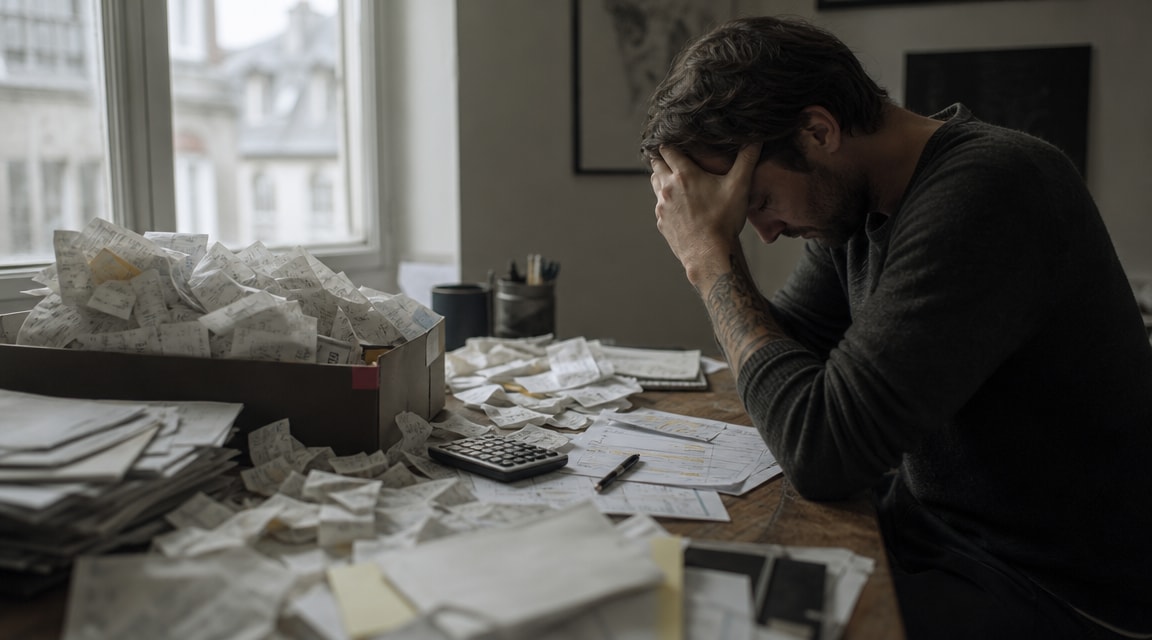 Must visibly show: a chaotic pile of crumpled paper receipts overflowing from a box. Local anchors: caja de zapatos, caos de tickets arrugados, trabajo manual tedioso. Style family: documentary field moment. Visual brief: A documentary lifestyle photograph for a business blog. A stressed freelance designer sits at a cluttered wooden desk, hands resting on his forehead in frustration. The desk is covered in a chaotic pile of crumpled restaurant receipts, faded taxi tickets, and a messy shoebox overflowing with paper. Shot on a Canon EOS R5 with a 50mm f/1.2 lens. Natural overcast window light casts soft, moody shadows across the desk, emphasizing the overwhelming physical clutter. No abstract non-readable marks. Inline body image text firewall: visual content only. Do not render readable words anywhere. No article title, headline, subtitle, cover line, typography lockup, title card, poster text, labels, badges, UI copy, logo, brand name, or wordmark. If an interface, document, workflow, chart, or screen is needed, show abstract unreadable marks, shapes, icons, lines, and color blocks instead of words. Avoid repeating: generic business people smiling, glowing digital screens, neatly organized desks.