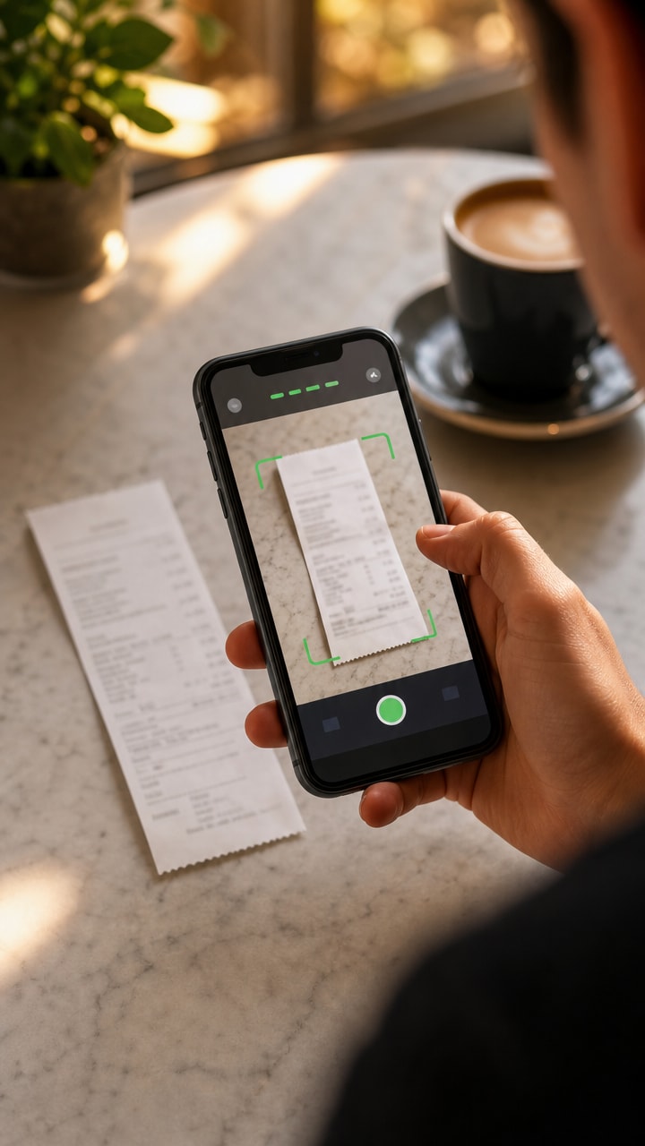Must visibly show: a smartphone held over a receipt with scanning brackets on the screen. Local anchors: captura directa, aplicación móvil, visión artificial. Style family: product-in-use editorial. Visual brief: An editorial product in use photograph for a software review. A person holds a sleek smartphone over a crisp cafe receipt resting on a marble cafe table. The phone screen displays an abstract scanning interface with green alignment brackets locking onto the paper edges. Shot on a Sony A7R IV with a 35mm f/1.4 lens. Warm afternoon sunlight filters through a nearby window, creating soft bokeh in the background. Clean, professional composition. No abstract non-readable marks. Inline body image text firewall: visual content only. Do not render readable words anywhere. No article title, headline, subtitle, cover line, typography lockup, title card, poster text, labels, badges, UI copy, logo, brand name, or wordmark. If an interface, document, workflow, chart, or screen is needed, show abstract unreadable marks, shapes, icons, lines, and color blocks instead of words. Avoid repeating: readable UI text, desktop computers, messy backgrounds.