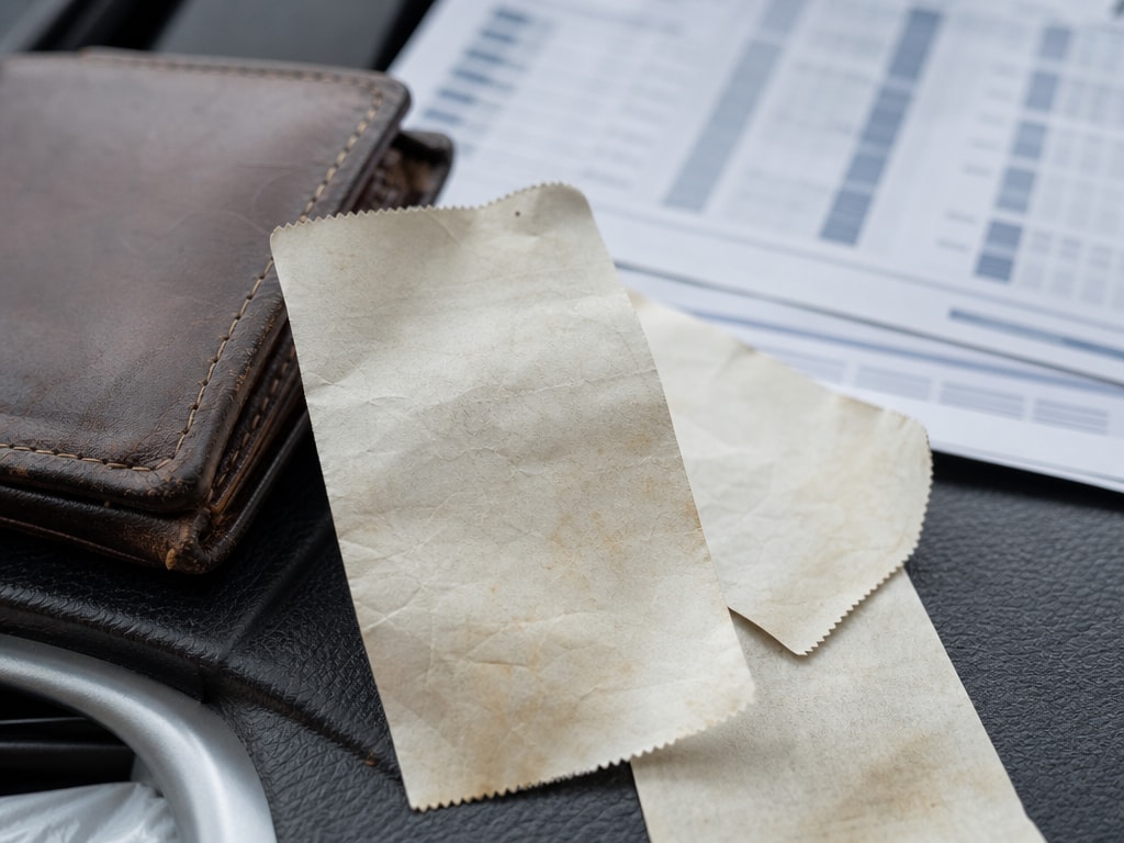 Must visibly show: a blank, faded thermal receipt with curled edges. Local anchors: papel térmico, perder su legibilidad, tinta se evapore. Style family: material macro. Visual brief: A macro still life photograph for a financial blog. A close up of a blank, heavily faded thermal paper receipt resting on a textured leather wallet dashboard. The paper is curled at the edges and shows yellowed heat stains, completely devoid of any ink. Shot on a Nikon Z9 with a 105mm macro lens. Soft, diffused side lighting emphasizes the crinkled texture of the degraded paper and the rich grain of the leather. No text. Inline body image text firewall: visual content only. Do not render readable words anywhere. No article title, headline, subtitle, cover line, typography lockup, title card, poster text, labels, badges, UI copy, logo, brand name, or wordmark. If an interface, document, workflow, chart, or screen is needed, show abstract unreadable marks, shapes, icons, lines, and color blocks instead of words. Avoid repeating: fire or burning paper, readable ink, digital screens.