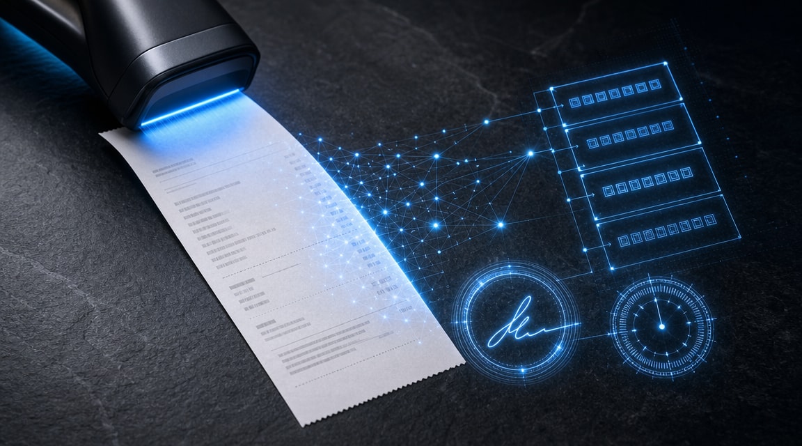 Must visibly show: a physical receipt being scanned by a glowing light beam. Local anchors: archivo digital inalterable, firma electrónica, sello de tiempo. Style family: process tabletop. Visual brief: A conceptual product photograph for a tech editorial. A pristine white restaurant receipt lies flat on a dark slate surface, illuminated by a sweeping scanner light beam that leaves a trail of glowing blue cryptographic nodes. Shot on a Phase One IQ4 with a 120mm macro lens. Studio lighting features a sharp overhead key and a cool cyan rim light, highlighting the paper texture and the digital overlay. Clean, premium SaaS aesthetic. No abstract non-readable marks. Inline body image text firewall: visual content only. Do not render readable words anywhere. No article title, headline, subtitle, cover line, typography lockup, title card, poster text, labels, badges, UI copy, logo, brand name, or wordmark. If an interface, document, workflow, chart, or screen is needed, show abstract unreadable marks, shapes, icons, lines, and color blocks instead of words. Avoid repeating: floating padlocks, generic cloud icons, abstract non-readable marks on the receipt.