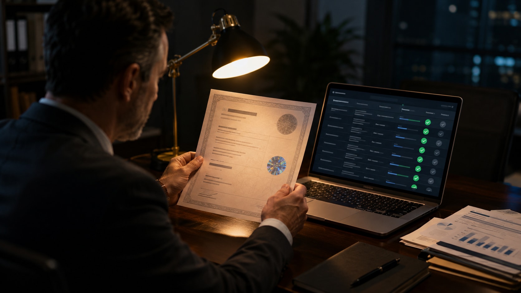 Must visibly show: a procurement director comparing a physical certificate with abstract data rows on a laptop monitor. Local anchors: cross-referencing, official documentation, independent databases. Style family: cinematic location. Visual brief: A procurement director sits at a dark walnut desk, comparing a physical certificate with a holographic seal against a digital database displayed on a sleek laptop monitor. The screen shows abstract data rows and green verification checkmarks. A warm desk lamp casts a focused pool of light on the textured paper, leaving the surrounding office in moody shadow. Shot over the shoulder with a Leica SL2 and a 35mm lens, creating an atmosphere of diligent investigation. Corporate lifestyle photography for a business magazine. Inline body image text firewall: visual content only. Do not render readable words anywhere. No article title, headline, subtitle, cover line, typography lockup, title card, poster text, labels, badges, UI copy, logo, brand name, or wordmark. If an interface, document, workflow, chart, or screen is needed, show abstract unreadable marks, shapes, icons, lines, and color blocks instead of words. Avoid repeating: abstract non-readable marks on the screen, magnifying glasses, glowing hacker code.