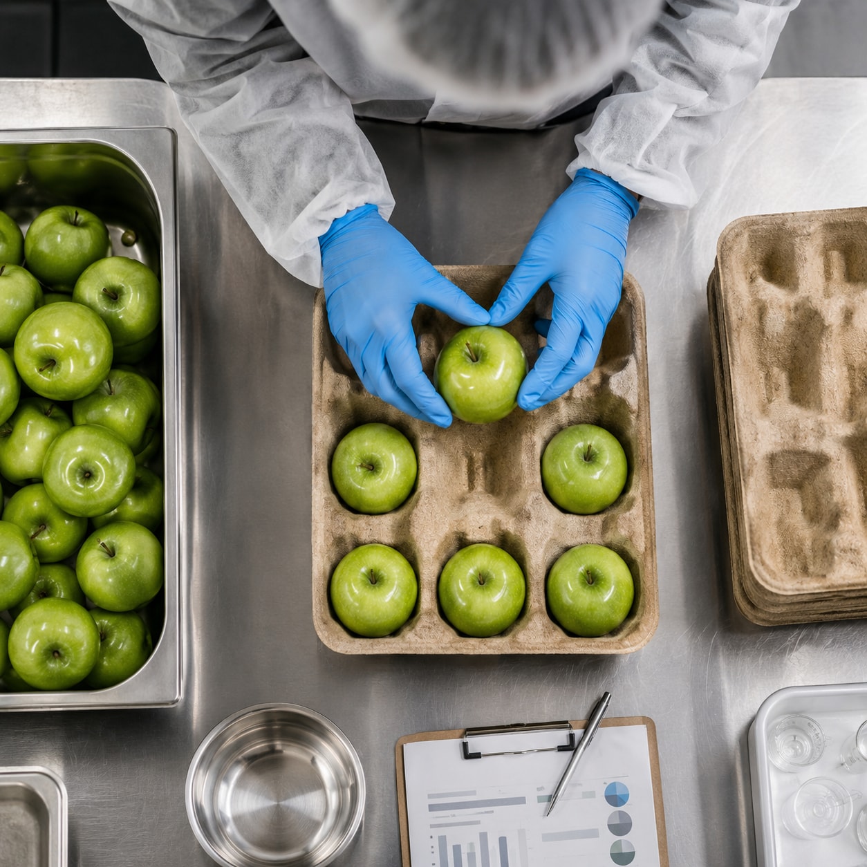 Must visibly show: a technician placing fresh green apples into a compostable molded fiber tray. Local anchors: food-contact packaging, chemical contaminants, HACCP protocols. Style family: product-in-use editorial. Visual brief: A sterile food grade packaging environment where a technician in blue nitrile gloves places fresh green apples into a compostable molded fiber tray. The stainless steel sorting table gleams under bright, clinical overhead lighting. The composition is a top down flat lay perspective, isolating the vibrant green fruit against the earthy brown texture of the eco friendly tray. Captured with a Phase One IQ4 and a 110mm lens, ensuring absolute clarity of the organic materials. Premium agricultural supply chain photography. Inline body image text firewall: visual content only. Do not render readable words anywhere. No article title, headline, subtitle, cover line, typography lockup, title card, poster text, labels, badges, UI copy, logo, brand name, or wordmark. If an interface, document, workflow, chart, or screen is needed, show abstract unreadable marks, shapes, icons, lines, and color blocks instead of words. Avoid repeating: plastic wrap, dirty environments, abstract chemical symbols.