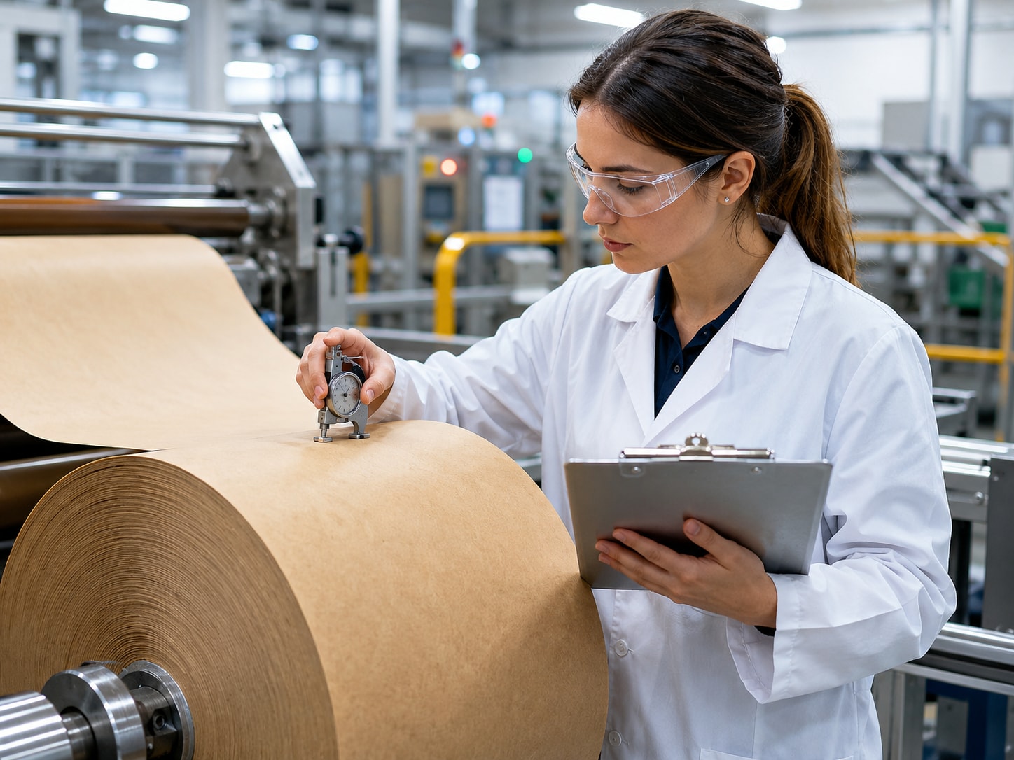 Must visibly show: a facility auditor inspecting raw kraft paper on a manufacturing line. Local anchors: continuous facility auditing, lifecycle assessments, material traceability. Style family: operational workspace. Visual brief: A female facility auditor in a white lab coat and safety glasses inspects a roll of raw kraft paper on a clean manufacturing line. She holds a metal clipboard, carefully checking the material thickness against a reference gauge. The factory background is softly blurred, showing modern stainless steel machinery under bright cool white LED lighting. Captured with a Canon EOS R5 and an 85mm lens for a shallow depth of field. Editorial industrial photography for a B2B manufacturing journal. Inline body image text firewall: visual content only. Do not render readable words anywhere. No article title, headline, subtitle, cover line, typography lockup, title card, poster text, labels, badges, UI copy, logo, brand name, or wordmark. If an interface, document, workflow, chart, or screen is needed, show abstract unreadable marks, shapes, icons, lines, and color blocks instead of words. Avoid repeating: consumer shopping bags, green leaf icons, unrealistic pristine factories.