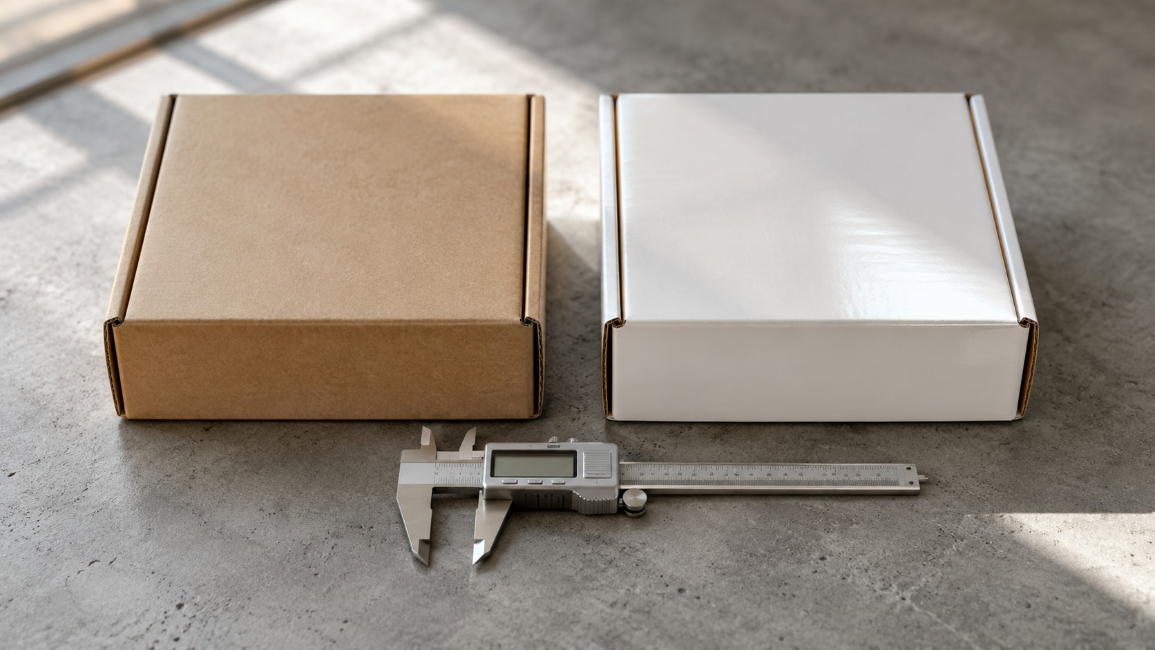 Must visibly show: two identical cardboard shipping boxes with different material finishes side by side. Local anchors: premium cost, certified materials, bulk pricing. Style family: annotated object study. Visual brief: Two identical cardboard shipping boxes sit side by side on a brushed concrete table, one featuring a raw unbleached finish and the other a glossy white coating. A pair of silver digital calipers rests between them, measuring the flute thickness. Soft window light creates a gentle gradient across the concrete surface, emphasizing the distinct material finishes of the two boxes. Captured with a Fujifilm GFX 100S and a 63mm lens from a slight high angle. Minimalist product comparison photography for a procurement guide. Inline body image text firewall: visual content only. Do not render readable words anywhere. No article title, headline, subtitle, cover line, typography lockup, title card, poster text, labels, badges, UI copy, logo, brand name, or wordmark. If an interface, document, workflow, chart, or screen is needed, show abstract unreadable marks, shapes, icons, lines, and color blocks instead of words. Avoid repeating: stacks of money, calculators, floating charts.