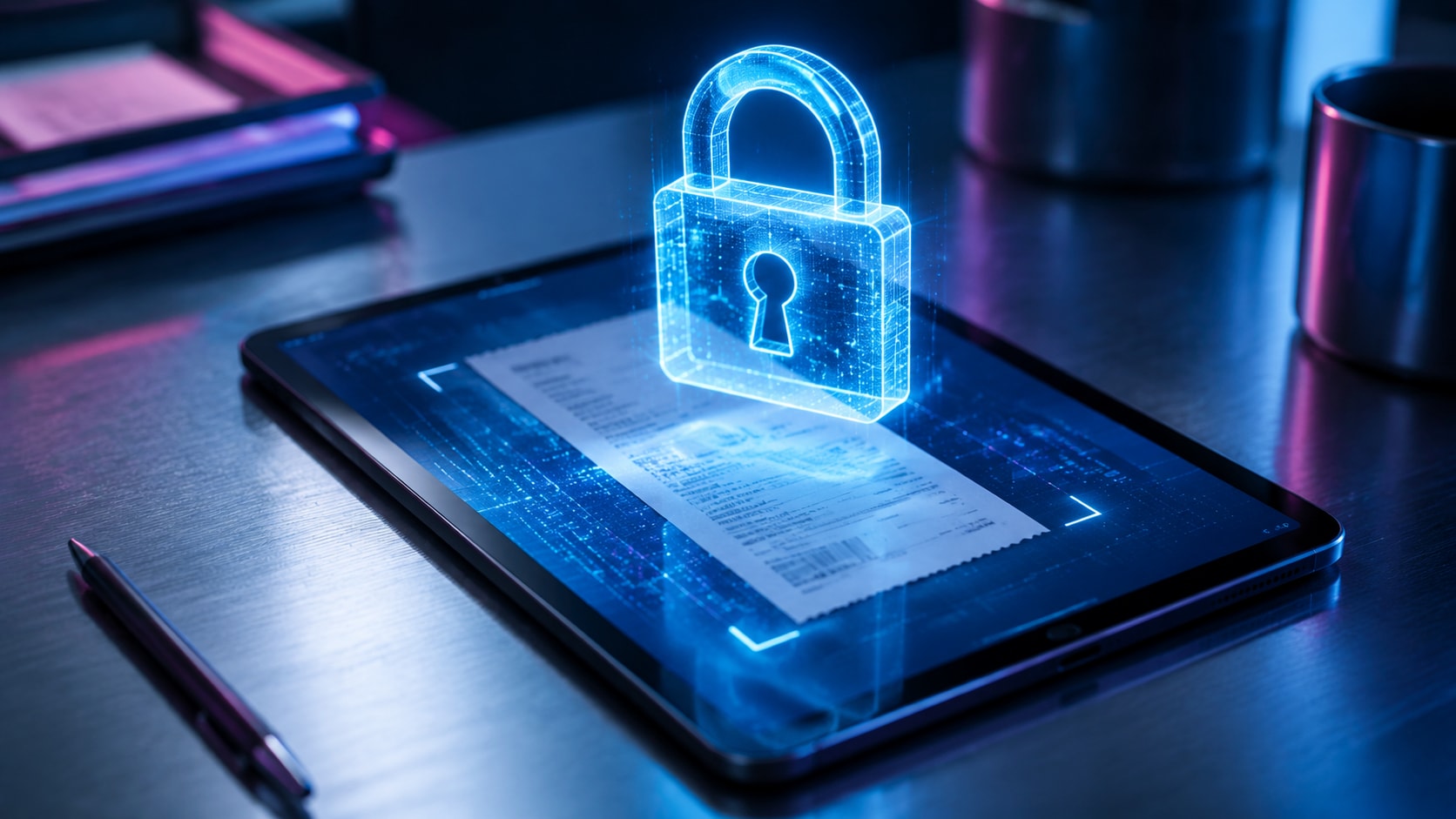 Must visibly show: A glowing digital padlock icon hovering over a scanned document on a tablet. Local anchors: proceso de captura, cumplimiento normativo, invisible para el usuario. Style family: tasteful abstract motif. Visual brief: A conceptual still life representing digital security and compliance. A sleek tablet rests on a brushed steel table, displaying an abstract grid of glowing blue data points. A three dimensional holographic padlock made of bright cyan light hovers just above the screen, symbolizing certified encryption. Cool studio lighting with a subtle magenta rim light adds depth to the metallic surfaces. Shot on a Phase One XF with an 80mm lens, utilizing a clean, premium SaaS aesthetic with glassmorphism effects. Technology editorial feature spread. No text. No abstract brand motif. Inline body image text firewall: visual content only. Do not render readable words anywhere. No article title, headline, subtitle, cover line, typography lockup, title card, poster text, labels, badges, UI copy, logo, brand name, or wordmark. If an interface, document, workflow, chart, or screen is needed, show abstract unreadable marks, shapes, icons, lines, and color blocks instead of words. Avoid repeating: hackers, binary code rain.