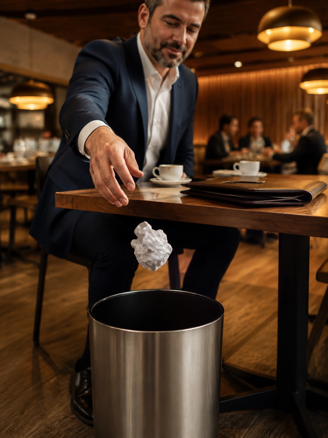 Must visibly show: A person dropping a crumpled paper receipt into a sleek modern wastebasket. Local anchors: comida de negocios, mesa del restaurante, tirar el papel. Style family: documentary field moment. Visual brief: A well dressed professional dropping a crumpled paper receipt into a sleek metallic wastebasket beside a restaurant table. The table above holds empty espresso cups and a leather portfolio. Warm ambient lighting from overhead pendant lamps creates a sophisticated dining atmosphere. Captured from a low angle with a Canon EOS R5 and a 35mm f/1.8 lens, freezing the falling paper in mid air. The background features softly blurred restaurant patrons and warm wood paneling. Cinematic lifestyle photography for a modern business publication. No text. No abstract brand motif. Inline body image text firewall: visual content only. Do not render readable words anywhere. No article title, headline, subtitle, cover line, typography lockup, title card, poster text, labels, badges, UI copy, logo, brand name, or wordmark. If an interface, document, workflow, chart, or screen is needed, show abstract unreadable marks, shapes, icons, lines, and color blocks instead of words. Avoid repeating: office shredders, burning paper.