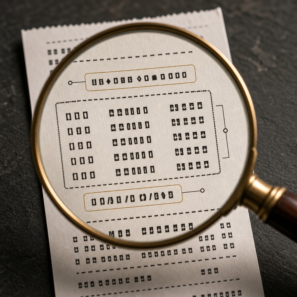 Must visibly show: Macro shot of a magnifying glass over a receipt's tax breakdown section. Local anchors: NIF del emisor, desglose del tipo impositivo, fecha de la operación. Style family: annotated object study. Visual brief: An extreme macro photograph of a pristine white paper receipt resting on a dark slate surface. A classic brass magnifying glass hovers slightly above the paper, enlarging the specific section where tax percentages and dates are printed. A warm directional spotlight highlights the texture of the paper fibers and the crisp black ink of the printed numbers. Shot on a Nikon Z9 with a 105mm macro lens at f/2.8, creating a dramatic contrast between the sharp magnified details and the smooth dark background. Financial documentary style. No abstract non-readable marks. No abstract brand motif. Inline body image text firewall: visual content only. Do not render readable words anywhere. No article title, headline, subtitle, cover line, typography lockup, title card, poster text, labels, badges, UI copy, logo, brand name, or wordmark. If an interface, document, workflow, chart, or screen is needed, show abstract unreadable marks, shapes, icons, lines, and color blocks instead of words. Avoid repeating: abstract non-readable marks, glowing data nodes.