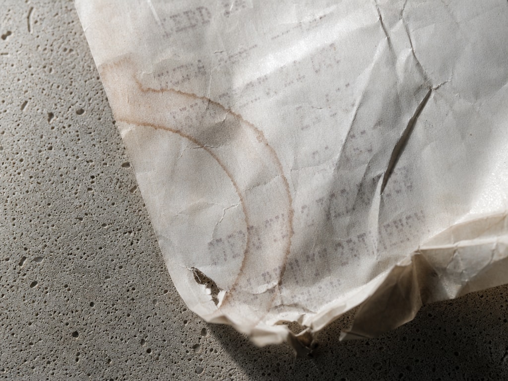 Must visibly show: A heavily faded and crumpled thermal receipt with unreadable ink. Local anchors: rechazo en inspecciones, borroso, cortado por el encuadre. Style family: material macro. Visual brief: An extreme close up of a damaged thermal paper receipt resting on a textured concrete surface. The paper is heavily creased, folded, and stained with a coffee ring. The printed ink is faded and completely illegible, demonstrating a ruined document. Harsh directional lighting from the upper left casts deep shadows into the folds of the paper, emphasizing its fragile and degraded physical state. Shot on a Fujifilm GFX 100S with a 120mm macro lens, capturing the porous texture of the concrete and the smooth, damaged surface of the thermal paper. Documentary photography. No abstract non-readable marks. Inline body image text firewall: visual content only. Do not render readable words anywhere. No article title, headline, subtitle, cover line, typography lockup, title card, poster text, labels, badges, UI copy, logo, brand name, or wordmark. If an interface, document, workflow, chart, or screen is needed, show abstract unreadable marks, shapes, icons, lines, and color blocks instead of words. Avoid repeating: police officers, glowing red X marks.