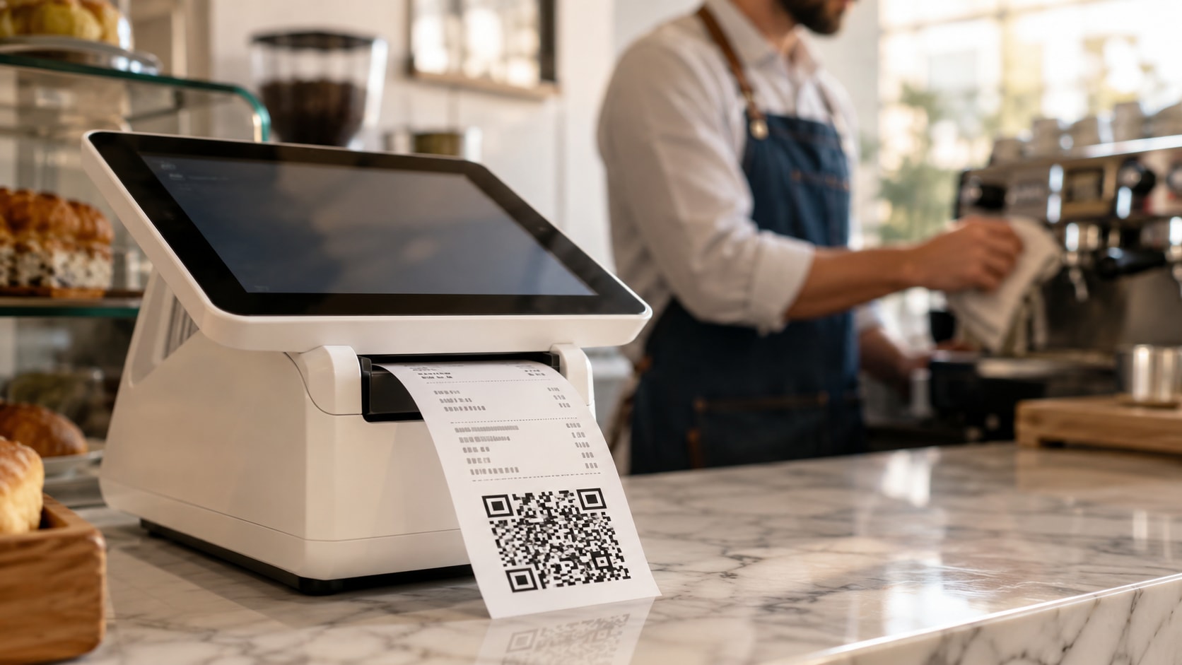 Must visibly show: A modern point of sale terminal printing a receipt with a prominent QR code pattern. Local anchors: software de facturación, registros de facturación, simultánea. Style family: process tabletop. Visual brief: A sleek white point of sale terminal sitting on a polished marble bakery counter. A fresh paper receipt is emerging from the printer slot, featuring a large, crisp, abstract square barcode pattern at the bottom. A barista in a denim apron stands softly blurred in the background, wiping the espresso machine. Warm morning light filters through a nearby window, illuminating the glossy marble and the matte plastic of the terminal. Shot on a Sony A7S III with a 50mm f/1.2 lens, focusing sharply on the emerging paper. Commercial lifestyle photography. No abstract non-readable marks. No abstract brand motif. Inline body image text firewall: visual content only. Do not render readable words anywhere. No article title, headline, subtitle, cover line, typography lockup, title card, poster text, labels, badges, UI copy, logo, brand name, or wordmark. If an interface, document, workflow, chart, or screen is needed, show abstract unreadable marks, shapes, icons, lines, and color blocks instead of words. Avoid repeating: people scanning with phones, abstract floating QR codes.