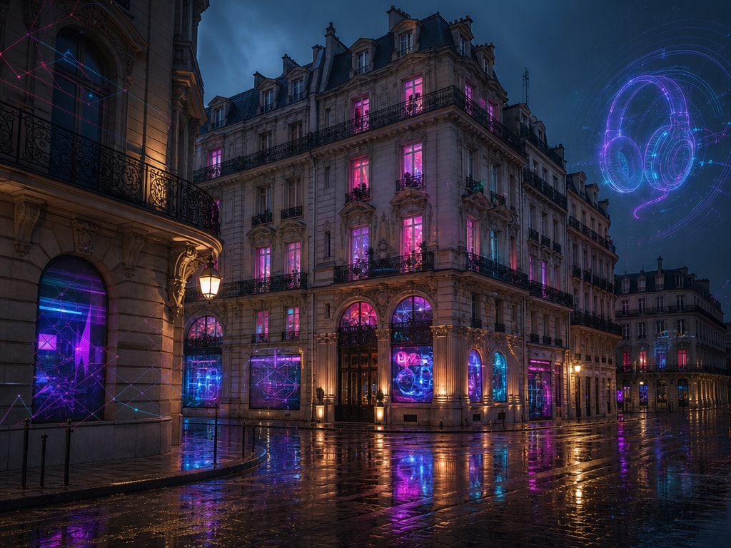 Must visibly show: a classic Parisian building illuminated by gaming lights. Local anchors: heavy association with Paris, competitive gaming ecosystem, historical venue success. Style family: cinematic location. Visual brief: An atmospheric wide shot of a classic Parisian Haussmann building exterior at dusk. The ornate stone balconies and tall windows are illuminated from within by intense, pulsing magenta and cyan gaming lights. A subtle holographic projection of a gaming headset hovers above the cobblestone street. Captured with a Leica SL2 and a 35mm Summilux lens. The scene mixes traditional European elegance with modern competitive gaming energy. Soft rain creates reflective puddles on the ground. Cinematic context visual for a gaming culture editorial. Avoid repeating: Eiffel tower cliches, gamers sitting at desks, readable street signs.
