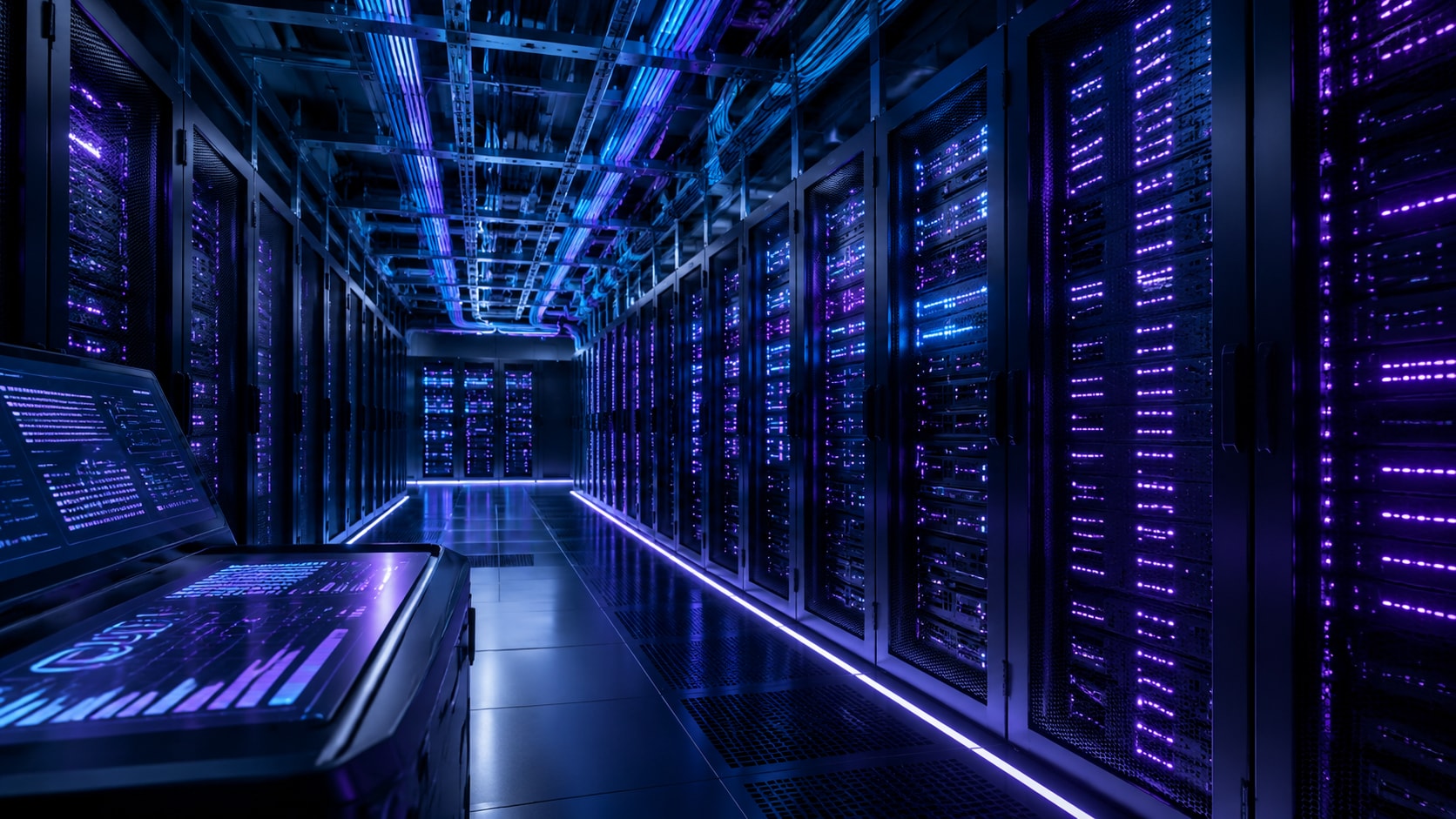 Must visibly show: a high-tech server room aisle. Local anchors: scalable server architecture, data sovereignty, low latency for professional players, tech startups and business owners. Style family: process tabletop. Visual brief: An expansive view down the aisle of a state of the art server farm. The towering server racks feature sleek black metal casings and emit a steady, pulsing purple and blue glow. Thick fiber optic cables are neatly organized along the ceiling grid. Captured with a Canon EOS R5 and a 14mm ultra wide lens. The lighting is entirely practical, driven by the LED indicators on the hardware, creating a cool, sterile, and highly secure atmosphere. Data support visual for an enterprise technology blog. Avoid repeating: floating holograms, people in lab coats, messy cables.