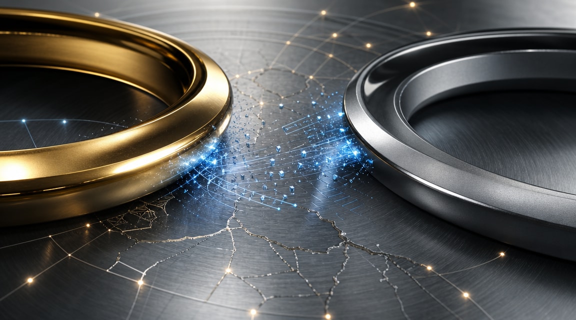 Must visibly show: two interlocking metallic rings sliding apart. Local anchors: profound shifts, grip on global esports IP, complex international agreements. Style family: tasteful abstract motif. Visual brief: A conceptual macro shot of heavy interlocking metallic rings resting on a brushed steel surface. One ring is polished gold, while the other is matte silver. The rings are slowly sliding apart, leaving a trail of glowing blue digital particles in the friction space between them. Captured with a Phase One XF and a 120mm macro lens. The lighting is highly controlled studio illumination, creating sharp specular highlights on the metallic curves. Aesthetic strip visual for a business strategy publication. Avoid repeating: olympic rings, literal contracts, handshakes.