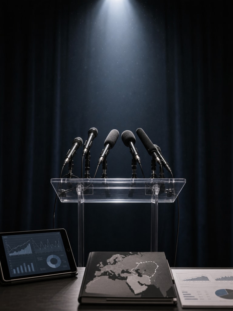 Must visibly show: an empty press conference podium with microphones. Local anchors: official announcements, formal press release, strategic business decisions. Style family: documentary field moment. Visual brief: A medium shot of an empty, modern press conference podium set against a dark velvet curtain. The sleek acrylic lectern holds a cluster of unbranded microphones. A single, dramatic spotlight shines directly on the empty space behind the microphones, highlighting the anticipation of an official announcement. Captured with a Nikon Z9 and an 85mm portrait lens. The atmosphere is tense and quiet, with dust motes drifting through the sharp beam of light. Documentary photograph for a news analysis feature. Avoid repeating: people speaking, readable abstract brand motif on microphones, news tickers.