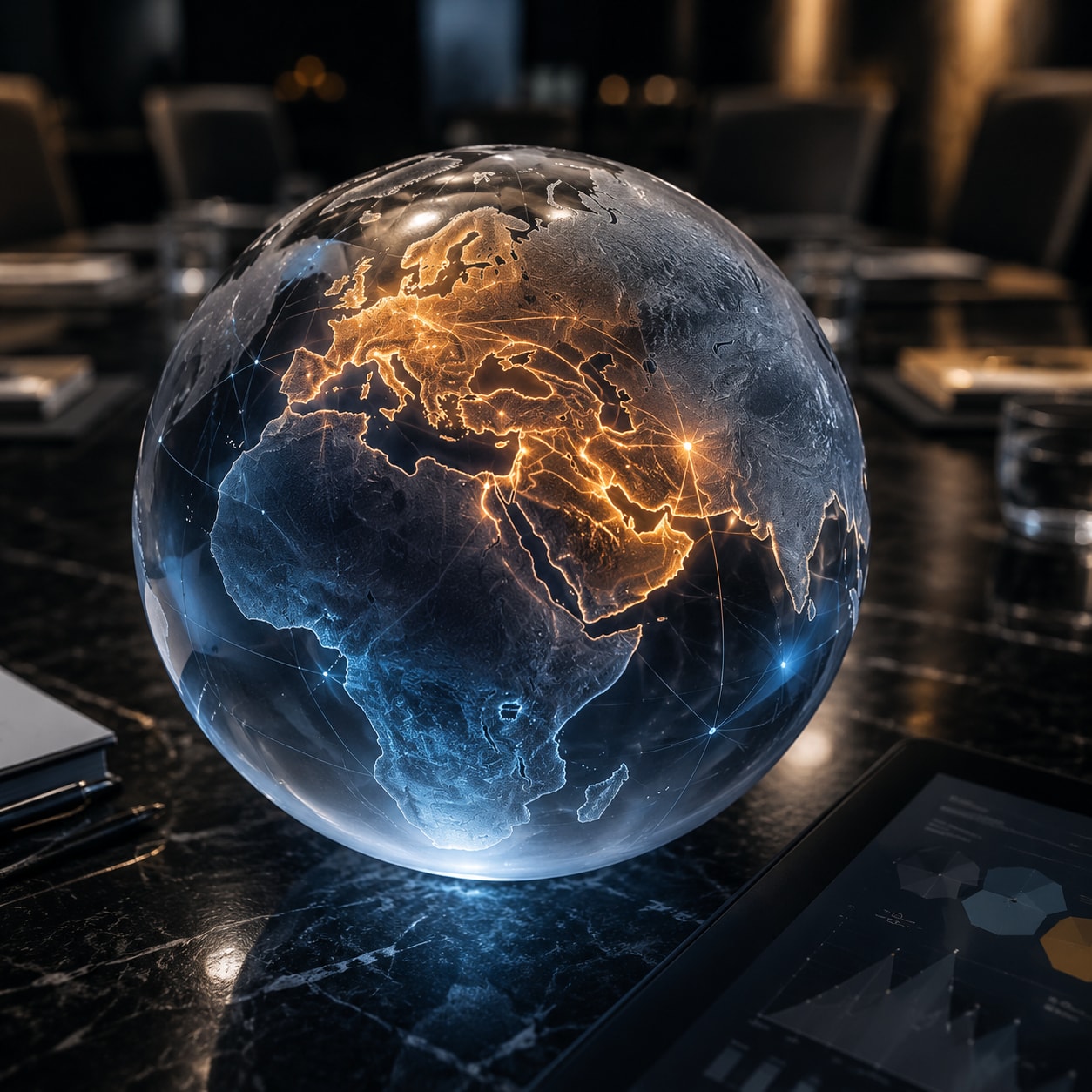 Must visibly show: a glowing frosted glass globe on a boardroom table. Local anchors: unprecedented logistical restructuring, international markets, complex geopolitical landscape. Style family: conceptual still life. Visual brief: A macro photograph of a frosted glass globe resting on a dark marble boardroom table. The globe is illuminated from within, highlighting the regions of Europe and the Middle East in glowing amber and cool blue tones. Abstract geometric lines connect the two regions, symbolizing complex logistical shifts. Captured with a Hasselblad H6D and a 100mm macro lens. The lighting is moody and corporate, with a single soft spotlight creating deep shadows across the polished table. Conceptual still life for a financial magazine. Avoid repeating: military imagery, money or coins, literal maps with text.