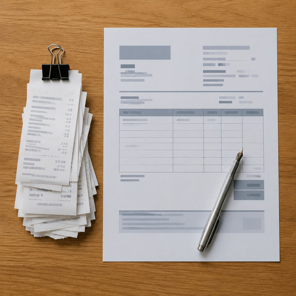Must visibly show: a stack of small receipts clipped next to a single large formal document. Local anchors: múltiples transacciones menores, solo asiento contable, factura recapitulativa. Style family: process tabletop. Visual brief: Process tabletop photograph for a business editorial. A neat stack of small, curled thermal receipts is clipped together next to a single, pristine, large format printed invoice document on a smooth oak table. A silver fountain pen rests gently on the large document. Captured with a Nikon Z9 and a 105mm macro lens from a top down perspective. Soft, diffused overhead lighting highlights the texture of the paper and the metallic sheen of the pen. Clean, organized aesthetic. No abstract non-readable marks. Inline body image text firewall: visual content only. Do not render readable words anywhere. No article title, headline, subtitle, cover line, typography lockup, title card, poster text, labels, badges, UI copy, logo, brand name, or wordmark. If an interface, document, workflow, chart, or screen is needed, show abstract unreadable marks, shapes, icons, lines, and color blocks instead of words. Avoid repeating: calculators, messy piles of paper, abstract non-readable marks.