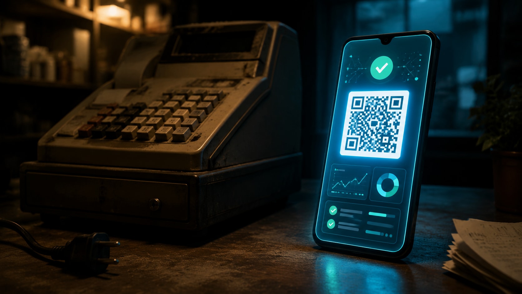 Must visibly show: a glowing smartphone displaying a QR code next to an obsolete cash register in shadows. Local anchors: software homologado, código QR, digitalizarse sin excepciones. Style family: before-after scene. Visual brief: Primary explainer visual for a tech magazine. A glowing smartphone screen displays a modern, abstract dashboard with green checkmarks and a prominent QR code graphic, resting on a desk next to a traditional cash register that is unplugged and covered in shadows. Shot on a Panasonic Lumix S1R with a 35mm f/1.8 lens. The lighting contrasts the bright, cool cyan glow of the mobile device against the dark, warm tungsten shadows of the obsolete hardware. No readable visual structure. Inline body image text firewall: visual content only. Do not render readable words anywhere. No article title, headline, subtitle, cover line, typography lockup, title card, poster text, labels, badges, UI copy, logo, brand name, or wordmark. If an interface, document, workflow, chart, or screen is needed, show abstract unreadable marks, shapes, icons, lines, and color blocks instead of words. Avoid repeating: police or fines imagery, abstract non-readable marks, generic laptops.