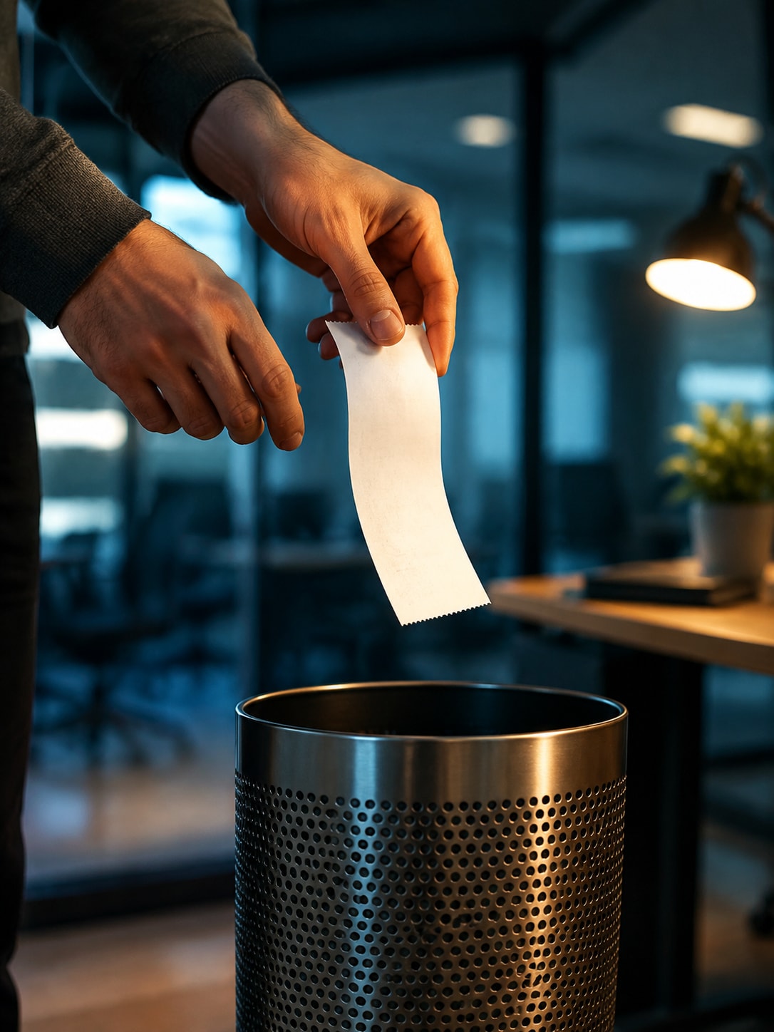 Must visibly show: hands dropping a blank thermal receipt into a modern wastebasket. Local anchors: comprobante anónimo, figura del ticket muere, valor probatorio. Style family: cinematic location. Visual brief: Cinematic context photograph for a tax advisory article. A close up of a person's hands dropping a blank, anonymous thermal receipt into a sleek metal wastebasket. The background features a modern office environment with blurred glass partitions. Shot on a Canon EOS R5 with an 85mm f/1.2 lens, focusing sharply on the falling paper. The lighting is moody and dramatic, with cool blue ambient tones and a warm desk lamp providing edge light on the hands. No text. Inline body image text firewall: visual content only. Do not render readable words anywhere. No article title, headline, subtitle, cover line, typography lockup, title card, poster text, labels, badges, UI copy, logo, brand name, or wordmark. If an interface, document, workflow, chart, or screen is needed, show abstract unreadable marks, shapes, icons, lines, and color blocks instead of words. Avoid repeating: fire or burning paper, cartoonish trash cans, abstract non-readable marks.