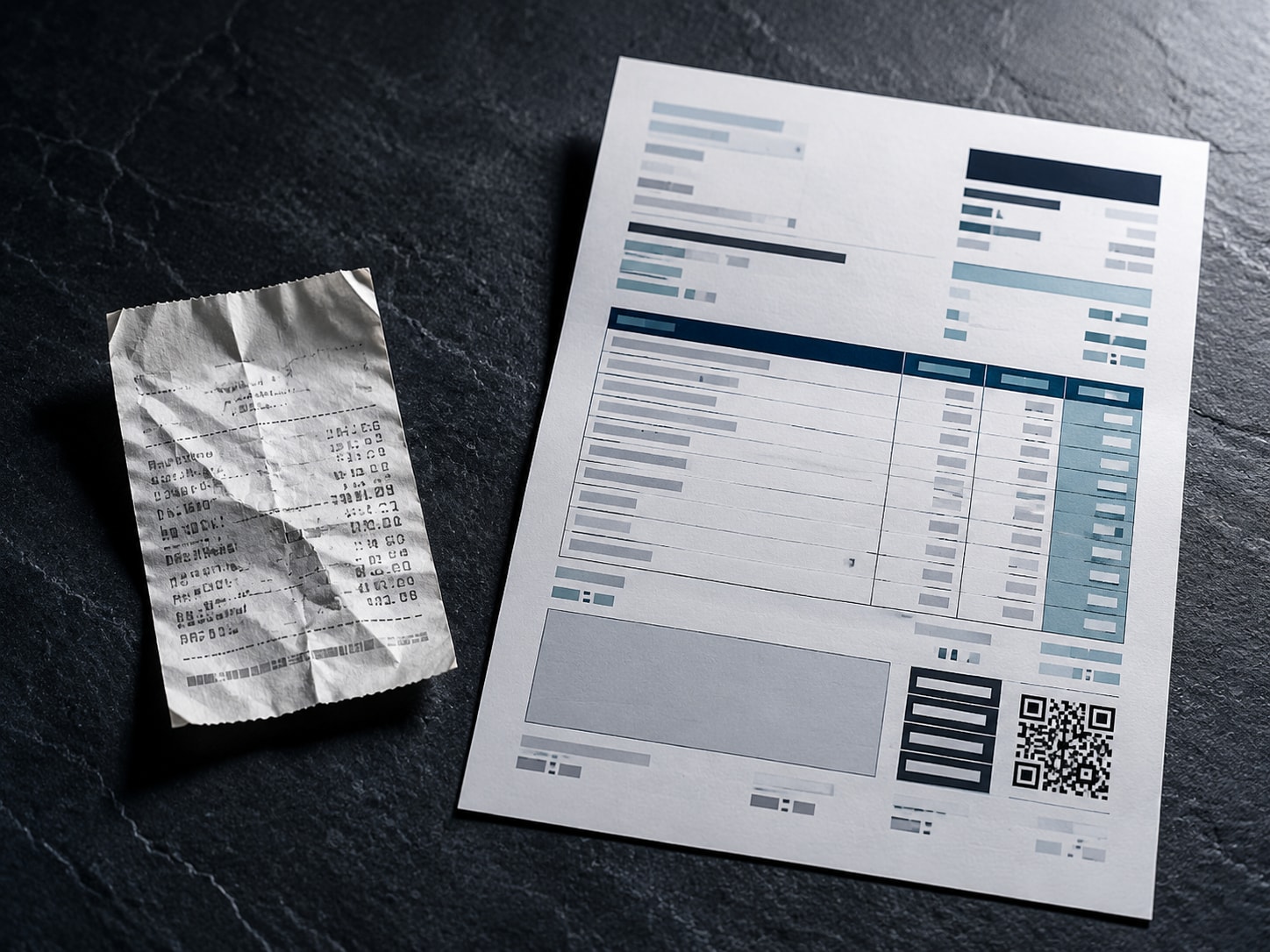 Must visibly show: a crumpled small receipt contrasted against a structured formal invoice document. Local anchors: comprobante de pago básico, desglose impositivo, elementos estructurales. Style family: annotated object study. Visual brief: Documentary still life for a financial publication. Two contrasting documents rest on a dark slate surface. On the left sits a short, crumpled generic receipt. On the right lies a crisp, structured formal invoice with clear geometric data blocks and a QR code. Captured with a Fujifilm GFX 100S and a 110mm macro lens. Directional studio lighting from the top right casts sharp shadows, emphasizing the physical difference between the two papers. Cool, professional color grading. No readable words. Inline body image text firewall: visual content only. Do not render readable words anywhere. No article title, headline, subtitle, cover line, typography lockup, title card, poster text, labels, badges, UI copy, logo, brand name, or wordmark. If an interface, document, workflow, chart, or screen is needed, show abstract unreadable marks, shapes, icons, lines, and color blocks instead of words. Avoid repeating: readable visual structure, messy desk clutter, people in frame.