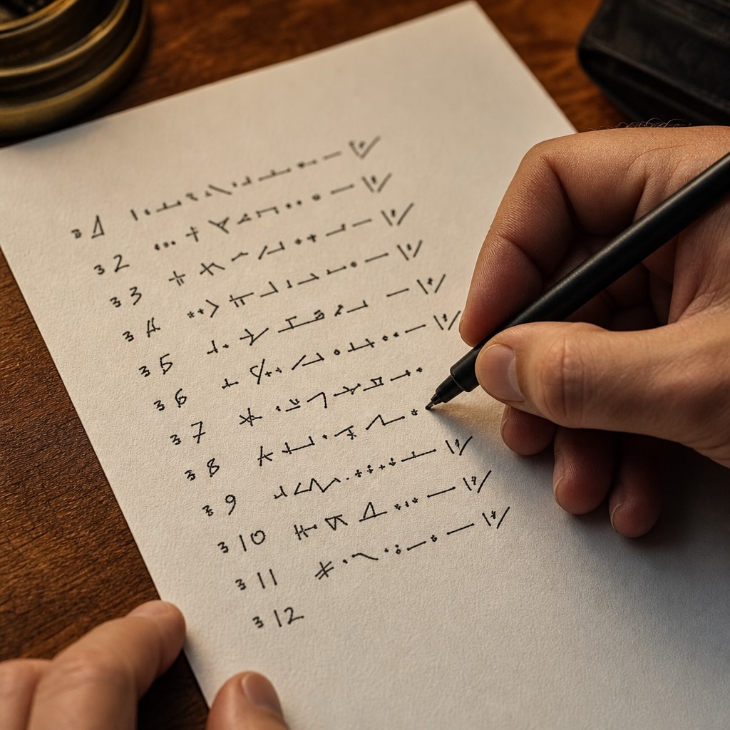 Must visibly show: A hand writing carefully on a numbered paper list. Local anchors: anotar cada palavra na ordem exata, papel físico, verifique a ortografia. Style family: annotated object study. Visual brief: Documentary macro photograph for a security tutorial. An extreme close up of a person's hand using a black fine tip pen to carefully write on a thick piece of textured white paper. The paper features a neat, hand drawn numbered list from one to twelve. The ink is fresh and dark against the grain of the paper. Warm, directional desk lamp lighting highlights the texture of the paper and the precise movement of the pen. Captured with a Leica SL2 and a 90mm macro lens, emphasizing meticulous analog record keeping. Inline body image text firewall: visual content only. Do not render readable words anywhere. No article title, headline, subtitle, cover line, typography lockup, title card, poster text, labels, badges, UI copy, logo, brand name, or wordmark. If an interface, document, workflow, chart, or screen is needed, show abstract unreadable marks, shapes, icons, lines, and color blocks instead of words. Avoid repeating: digital notes, messy handwriting, readable english words.