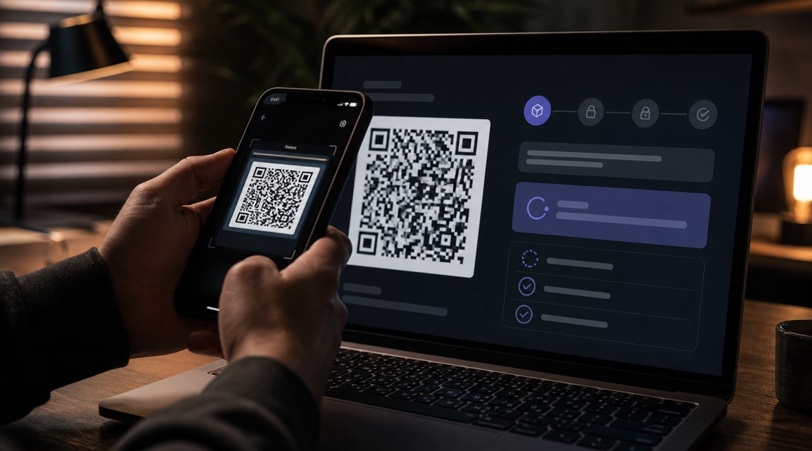 Must visibly show: A smartphone camera scanning a QR code on a computer screen. Local anchors: código QR, endereço de destino, saque on-chain. Style family: process-step. Visual brief: Editorial technology photograph for a digital guide. A person holds a smartphone, using its rear camera to scan a large, abstract black and white QR code displayed on a glowing laptop monitor. The laptop sits on a dark wooden desk in a dimly lit room. The smartphone screen reflects the bright geometric pattern of the code. Shot on a Panasonic Lumix S1H with a 35mm lens, capturing the glowing screens against the dark environment. The composition highlights the bridge between two digital devices during a secure transfer. Inline body image text firewall: visual content only. Do not render readable words anywhere. No article title, headline, subtitle, cover line, typography lockup, title card, poster text, labels, badges, UI copy, logo, brand name, or wordmark. If an interface, document, workflow, chart, or screen is needed, show abstract unreadable marks, shapes, icons, lines, and color blocks instead of words. Avoid repeating: readable URLs, exchange abstract brand motif, people's faces.