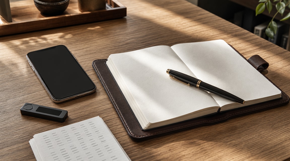 Must visibly show: A physical notebook and a smartphone on a clean desk. Local anchors: carteira nativa, senhas físicas em papel, ambiente seguro. Style family: process tabletop. Visual brief: Documentary tabletop photograph for a financial blog. A minimalist wooden desk holds a modern smartphone with a blank dark screen resting next to a thick leather notebook. A black fountain pen lies across the open, blank pages. Soft, diffused morning sunlight streams through an unseen window, casting gentle shadows across the wood grain. Captured with a Sony A7R IV and a 50mm f/1.2 lens, focusing sharply on the textured paper and the metallic clip of the pen. The composition implies preparation and secure offline storage. Inline body image text firewall: visual content only. Do not render readable words anywhere. No article title, headline, subtitle, cover line, typography lockup, title card, poster text, labels, badges, UI copy, logo, brand name, or wordmark. If an interface, document, workflow, chart, or screen is needed, show abstract unreadable marks, shapes, icons, lines, and color blocks instead of words. Avoid repeating: digital glowing locks, floating bitcoins, hacker aesthetics.