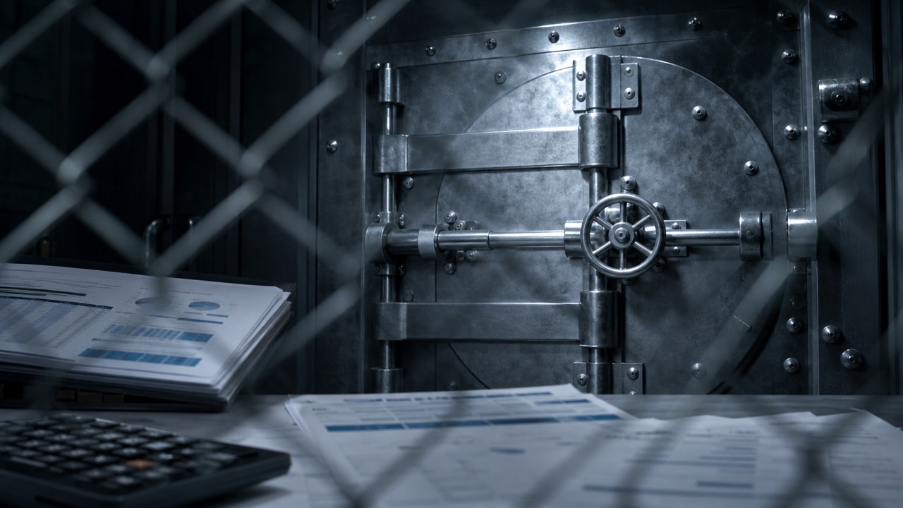 Must visibly show: A locked bank vault door or frozen digital interface metaphor. Local anchors: crises de liquidez, saques são travados, planilha de balanço corporativo. Style family: conceptual-still-life. Visual brief: Conceptual still life photograph for a financial article. A heavy, antique steel vault door appears firmly shut and secured with multiple thick metal locking bolts. The metallic surface is cold and industrial, reflecting a harsh, sterile blue light from above. In the foreground, a blurred chain link fence adds a layer of separation and restriction. Captured with a Nikon Z9 and a 35mm lens, emphasizing the impenetrable, locked nature of centralized custodial systems. The lighting is moody and dramatic, highlighting the heavy textures of the steel mechanism. Inline body image text firewall: visual content only. Do not render readable words anywhere. No article title, headline, subtitle, cover line, typography lockup, title card, poster text, labels, badges, UI copy, logo, brand name, or wordmark. If an interface, document, workflow, chart, or screen is needed, show abstract unreadable marks, shapes, icons, lines, and color blocks instead of words. Avoid repeating: burning money, panicking crowds, generic stock market charts.