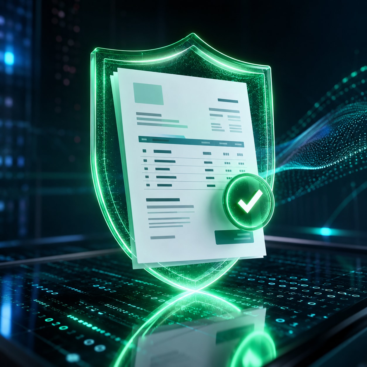 Must visibly show: a pristine digital document with a glowing green verification shield. Local anchors: inalterabilidad de los registros fiscales, capa de seguridad jurídica, normativas antifraude. Style family: tasteful abstract motif. Visual brief: A conceptual visual of digital tax compliance. A pristine digital document floats above a dark glass surface, surrounded by a glowing green shield motif indicating secure verification. Subtle binary code patterns reflect on the glass below. Shot with a Phase One IQ4 and a 120mm macro lens, using cool cyan and emerald green studio lighting. The composition is clean and authoritative, representing strict adherence to modern fiscal regulations. Inline body image text firewall: visual content only. Do not render readable words anywhere. No article title, headline, subtitle, cover line, typography lockup, title card, poster text, labels, badges, UI copy, logo, brand name, or wordmark. If an interface, document, workflow, chart, or screen is needed, show abstract unreadable marks, shapes, icons, lines, and color blocks instead of words. Avoid repeating: police officers, gavel and scales of justice, padlocks on paper.