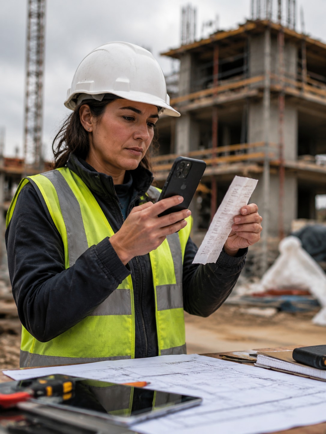 Must visibly show: a female architect scanning a receipt on a construction site. Local anchors: profesionales independientes que gestionan gastos variables, digitalizar tickets de gastos variables, sobre la marcha utilizando la cámara. Style family: documentary field moment. Visual brief: An environmental portrait of a busy female architect in a hard hat and high visibility vest, standing on a construction site. She holds a crumpled hardware store receipt in one hand and her smartphone in the other, scanning the document on the go. Shot on a Leica SL2 with a 35mm lens. Natural overcast daylight provides even illumination, capturing the dusty environment and the practical, mobile reality of a freelance professional managing daily expenses. Inline body image text firewall: visual content only. Do not render readable words anywhere. No article title, headline, subtitle, cover line, typography lockup, title card, poster text, labels, badges, UI copy, logo, brand name, or wordmark. If an interface, document, workflow, chart, or screen is needed, show abstract unreadable marks, shapes, icons, lines, and color blocks instead of words. Avoid repeating: people in suits shaking hands, split screen comparisons, generic office cubicles.