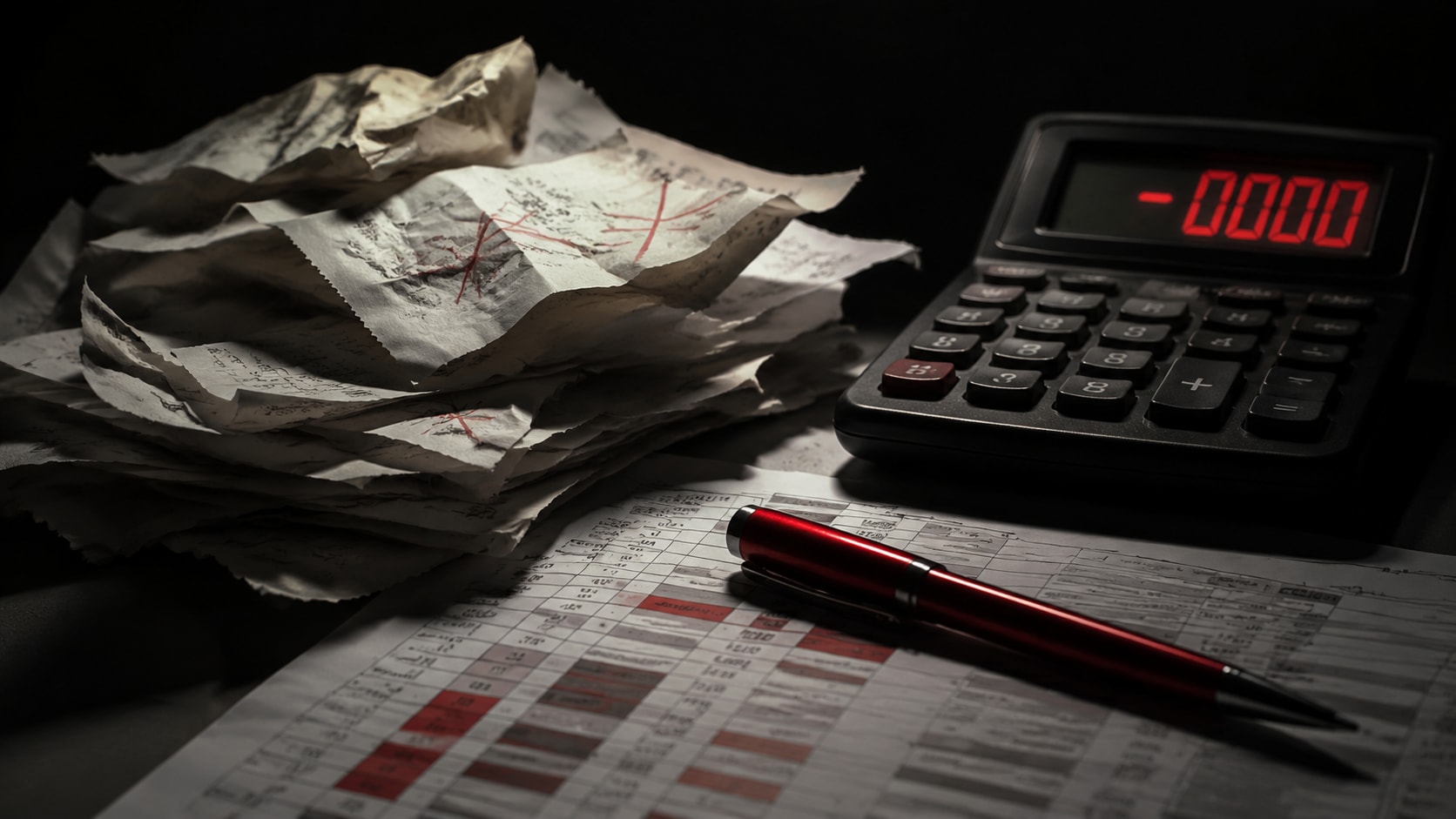 Must visibly show: a stack of crumpled receipts next to a calculator showing a negative balance. Local anchors: pérdida directa de deducciones, archivo CSV lleno de huecos, castigando severamente la liquidez. Style family: conceptual still life. Visual brief: A dramatic still life representing financial loss. A stack of rejected, crumpled expense receipts sits beside a sleek black calculator displaying a negative balance. A red pen lies discarded on top of a printed tax form. Shot on a Nikon Z9 with a 105mm macro lens. The lighting is moody and low key, with a single harsh spotlight casting deep shadows across the textured paper, evoking a sense of frustration and lost revenue. Inline body image text firewall: visual content only. Do not render readable words anywhere. No article title, headline, subtitle, cover line, typography lockup, title card, poster text, labels, badges, UI copy, logo, brand name, or wordmark. If an interface, document, workflow, chart, or screen is needed, show abstract unreadable marks, shapes, icons, lines, and color blocks instead of words. Avoid repeating: people crying over money, burning dollar bills, generic stock business graphs.