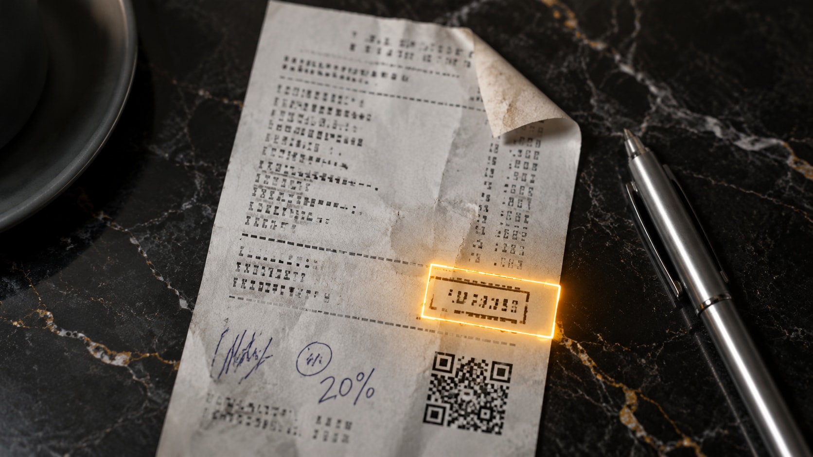 Must visibly show: a complex restaurant receipt with a glowing digital bounding box highlighting the total. Local anchors: comprensión del contexto visual, papel doblado o borroso, identifica el CIF, el IVA y el total. Style family: annotated object study. Visual brief: An overhead tabletop shot of a complex restaurant receipt with handwritten tips and a folded corner obscuring the tax line. A glowing amber bounding box digitally highlights the total amount, demonstrating artificial intelligence context extraction. The receipt sits on a dark marble surface beside a sleek silver pen. Shot on a Canon EOS R5 with a 50mm lens, utilizing soft diffused overhead lighting to emphasize the paper texture and the glowing digital overlay. Inline body image text firewall: visual content only. Do not render readable words anywhere. No article title, headline, subtitle, cover line, typography lockup, title card, poster text, labels, badges, UI copy, logo, brand name, or wordmark. If an interface, document, workflow, chart, or screen is needed, show abstract unreadable marks, shapes, icons, lines, and color blocks instead of words. Avoid repeating: robotic eyes reading paper, matrix code falling over paper, unreadable blurry text.