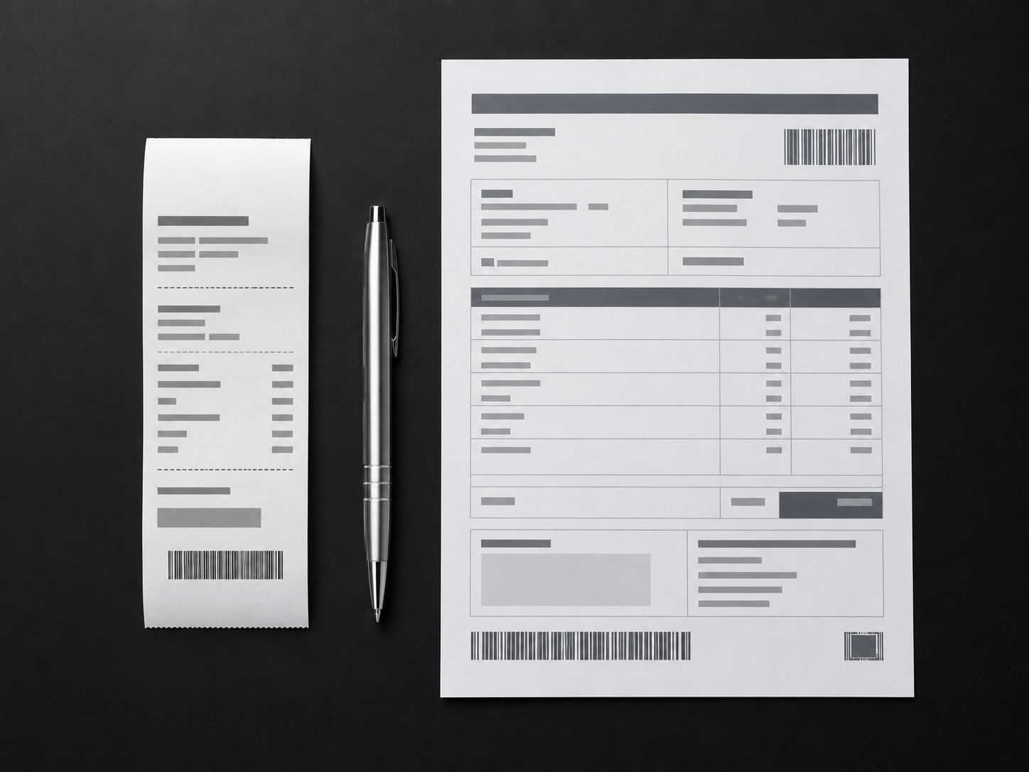 Must visibly show: Two distinct paper documents side by side. Local anchors: opciones seguras, diferencias clave, tabla resume. Style family: process tabletop. Visual brief: Two distinct paper documents placed side by side on a pristine matte black surface. The left document is a short, narrow strip of thermal paper, while the right document is a wider, structured page with clear geometric data blocks and abstract barcode elements. A sleek silver pen rests between them, acting as a visual divider. Overhead softbox lighting creates a clean, shadowless environment. Shot on a Phase One IQ4 with an 80mm lens, capturing the subtle texture differences between the two paper types. Minimalist commercial photography. Inline body image text firewall: visual content only. Do not render readable words anywhere. No article title, headline, subtitle, cover line, typography lockup, title card, poster text, labels, badges, UI copy, logo, brand name, or wordmark. If an interface, document, workflow, chart, or screen is needed, show abstract unreadable marks, shapes, icons, lines, and color blocks instead of words. Avoid repeating: abstract non-readable marks, literal tables or charts, glowing holograms.