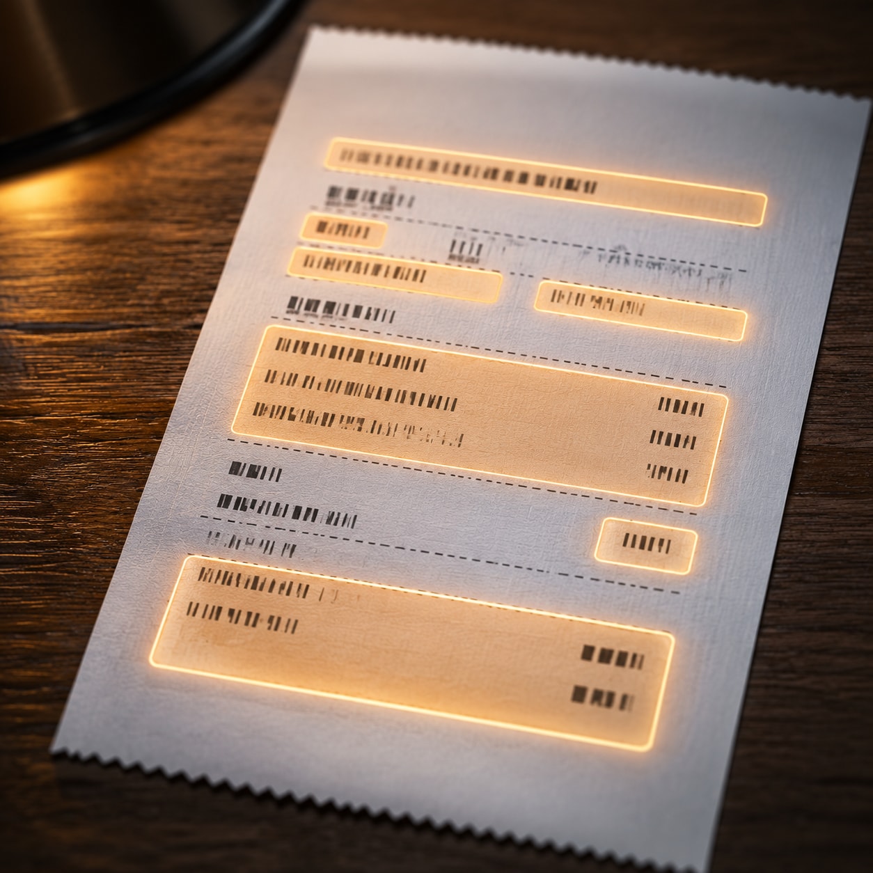 Must visibly show: A macro view of a receipt with highlighted abstract data zones. Local anchors: requisitos, checklist visual, factura simplificada. Style family: annotated object study. Visual brief: Extreme close up of a crisp white receipt illuminated by a warm desk lamp. Several rectangular zones on the paper glow faintly with a soft amber highlight, indicating areas where critical tax data is extracted. The paper grain is highly visible, contrasting with the smooth, glowing digital overlays. Shot on a Nikon Z9 with a 105mm macro lens, utilizing a shallow depth of field to blur the surrounding dark wooden table. Conceptual technology photography for a SaaS blog. Inline body image text firewall: visual content only. Do not render readable words anywhere. No article title, headline, subtitle, cover line, typography lockup, title card, poster text, labels, badges, UI copy, logo, brand name, or wordmark. If an interface, document, workflow, chart, or screen is needed, show abstract unreadable marks, shapes, icons, lines, and color blocks instead of words. Avoid repeating: readable words, checkmarks, floating glowing text.