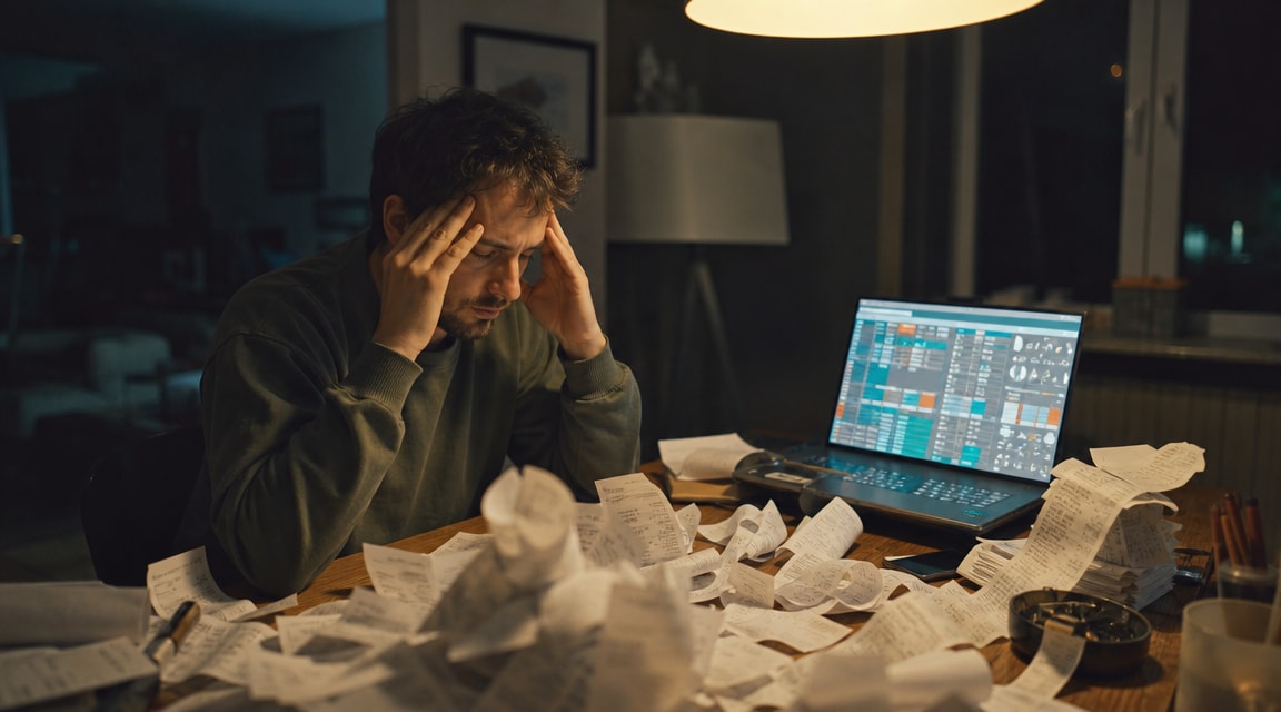 Must visibly show: A frustrated freelancer surrounded by paper receipts and a laptop. Local anchors: procesar tickets manualmente, riesgo inasumible, tiempo valioso. Style family: documentary field moment. Visual brief: A tired freelance graphic designer in his 30s sitting at a cluttered wooden dining table late at night, rubbing his temples in frustration. The table is covered in dozens of scattered, curled thermal paper receipts and a glowing laptop screen showing complex abstract grid patterns. Documentary photograph for a financial blog feature. Shot on a Sony A7S III with a 35mm f/1.4 lens. Warm, dim overhead pendant lighting casts deep shadows across the room, highlighting the stress on his face and the chaotic pile of paper. Reminiscent of Magnum Photos documentary style. No text, no words, no abstract brand motif. Inline body image text firewall: visual content only. Do not render readable words anywhere. No article title, headline, subtitle, cover line, typography lockup, title card, poster text, labels, badges, UI copy, logo, brand name, or wordmark. If an interface, document, workflow, chart, or screen is needed, show abstract unreadable marks, shapes, icons, lines, and color blocks instead of words. Avoid repeating: generic business people smiling, abstract glowing nodes, clean minimalist desks.