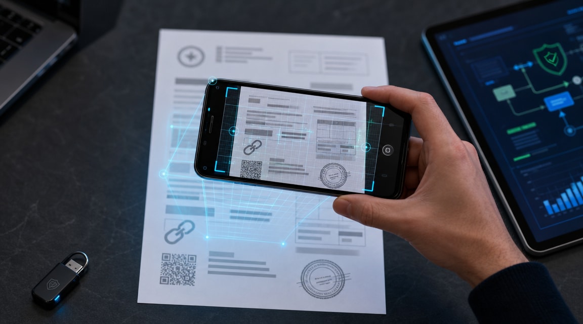 Must visibly show: A smartphone camera hovering over a paper invoice with abstract scanning grids. Local anchors: Visión Artificial, extraiga datos al instante, formatos que recibes. Style family: process tabletop. Visual brief: A sleek smartphone held by a steady hand, its camera lens pointed directly down at a crisp white printed invoice resting on a dark slate table. Abstract cyan geometric scanning grids and glowing focus points float between the phone lens and the paper, representing artificial intelligence extraction. Process tabletop photograph for a SaaS marketing campaign. Shot on a Canon EOS R5 with a 50mm lens from a high angle. Clean, premium lighting with softbox diffusion and a subtle blue rim light to emphasize the technological aspect. No text, no words, no abstract brand motif. Inline body image text firewall: visual content only. Do not render readable words anywhere. No article title, headline, subtitle, cover line, typography lockup, title card, poster text, labels, badges, UI copy, logo, brand name, or wordmark. If an interface, document, workflow, chart, or screen is needed, show abstract unreadable marks, shapes, icons, lines, and color blocks instead of words. Avoid repeating: cyborg eyes, robot hands, floating binary code.