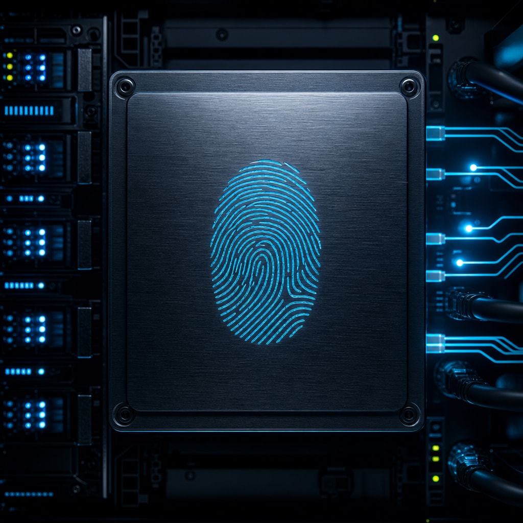 Must visibly show: A brushed metal server panel with a glowing digital fingerprint motif. Local anchors: registro inalterable, servidores, huella digital. Style family: tasteful abstract motif. Visual brief: A conceptual macro photograph of a solid brushed aluminum server rack panel featuring a glowing blue fingerprint icon etched into the metal. The metallic surface shows fine brushed textures and subtle reflections. Abstract motif for a technology magazine. Shot on a Nikon Z9 with a 105mm macro lens. Dramatic studio lighting with a sharp cyan rim light and deep black shadows, creating a sense of high security and digital permanence. Inspired by WIRED magazine feature spreads. No text, no words, no abstract brand motif. Inline body image text firewall: visual content only. Do not render readable words anywhere. No article title, headline, subtitle, cover line, typography lockup, title card, poster text, labels, badges, UI copy, logo, brand name, or wordmark. If an interface, document, workflow, chart, or screen is needed, show abstract unreadable marks, shapes, icons, lines, and color blocks instead of words. Avoid repeating: literal magnifying glasses, detective imagery, padlocks.