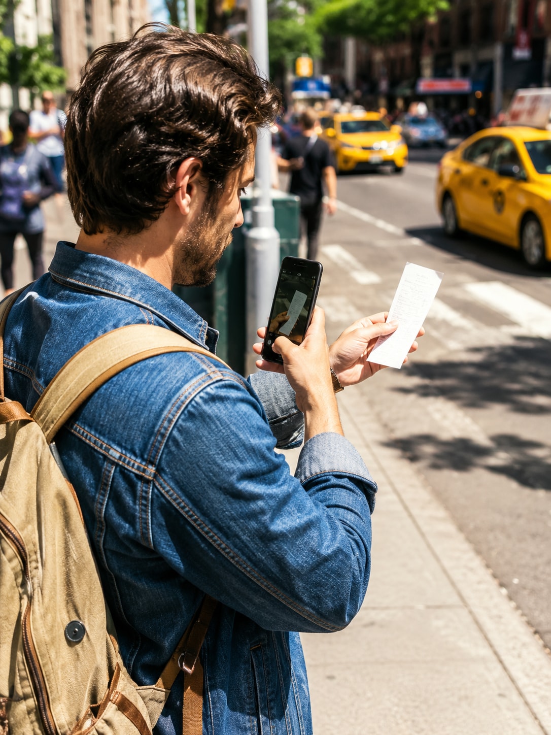 Must visibly show: A freelancer taking a quick photo of a coffee receipt on the go. Local anchors: velocidad de uso diario, sobre la marcha, micro-autónomo. Style family: documentary field moment. Visual brief: A casual freelance photographer standing on a sunny city sidewalk, holding a small paper coffee receipt in one hand while quickly snapping a picture of it with a smartphone in the other. The freelancer wears a denim jacket and a canvas backpack. The background features a blurred, bustling urban street with yellow taxis and pedestrians. Bright, natural midday sunlight creates a vibrant, energetic atmosphere. Shot on a Fujifilm X-T4 with a 23mm f/2 lens, candid street photography style. Inline body image text firewall: visual content only. Do not render readable words anywhere. No article title, headline, subtitle, cover line, typography lockup, title card, poster text, labels, badges, UI copy, logo, brand name, or wordmark. If an interface, document, workflow, chart, or screen is needed, show abstract unreadable marks, shapes, icons, lines, and color blocks instead of words. Avoid repeating: office settings, complex software dashboards, stiff poses.