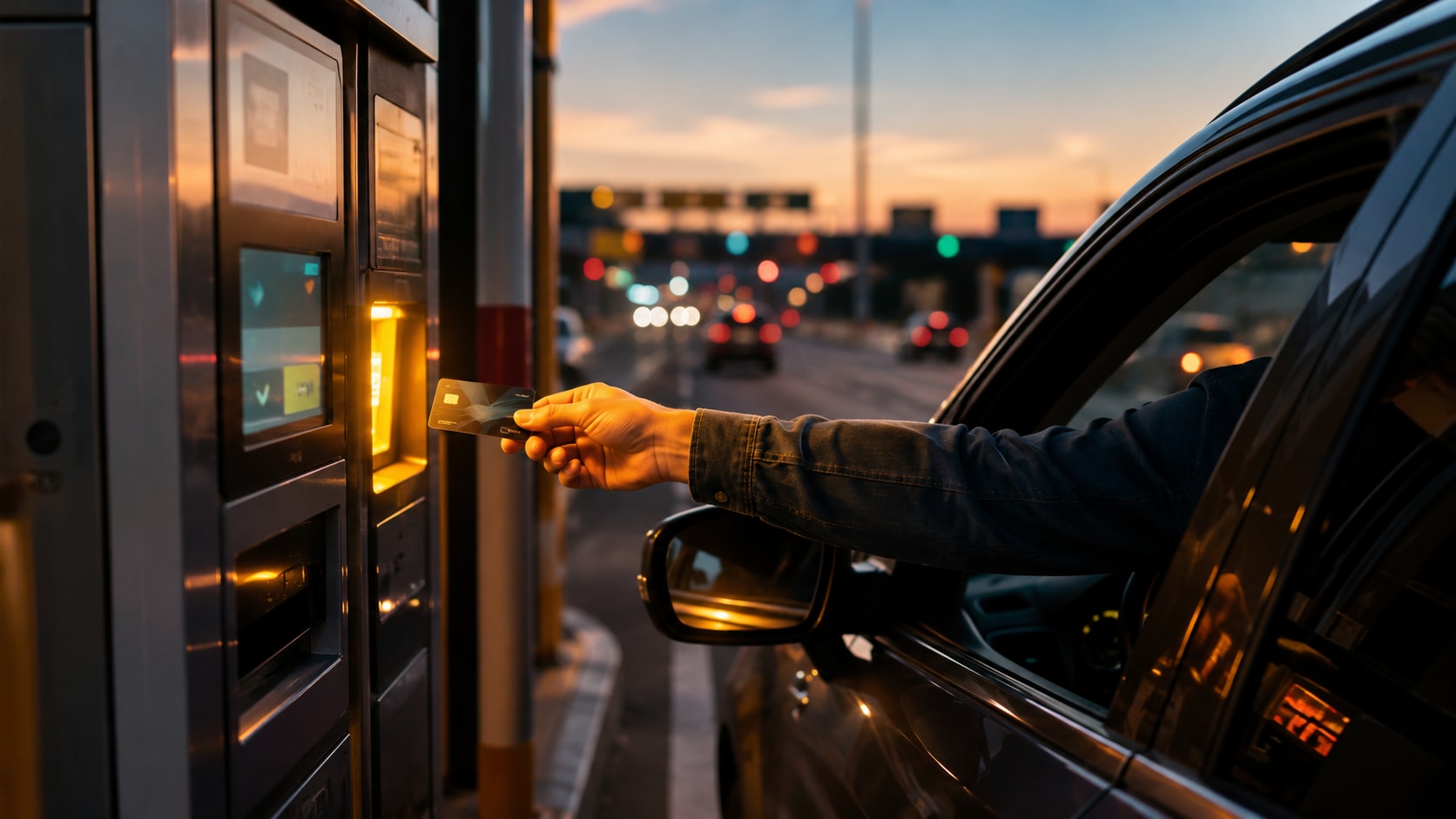Must visibly show: A driver at a toll booth handing over a card. Local anchors: peaje de 3 euros, retrasa tu viaje, herramienta perfecta. Style family: documentary field moment. Visual brief: A driver's hand extending from the window of a modern car, handing a sleek credit card to an automated toll booth machine at dusk. The glowing interface of the machine illuminates the driver's arm and the car's side mirror. The background features a blurred highway with streaks of red taillights. Shot on a Panasonic Lumix S1H with a 24-70mm f/2.8 lens, capturing the fast-paced nature of travel expenses. Cinematic lifestyle photography. Inline body image text firewall: visual content only. Do not render readable words anywhere. No article title, headline, subtitle, cover line, typography lockup, title card, poster text, labels, badges, UI copy, logo, brand name, or wordmark. If an interface, document, workflow, chart, or screen is needed, show abstract unreadable marks, shapes, icons, lines, and color blocks instead of words. Avoid repeating: car crashes, readable license plates, faces looking at camera.